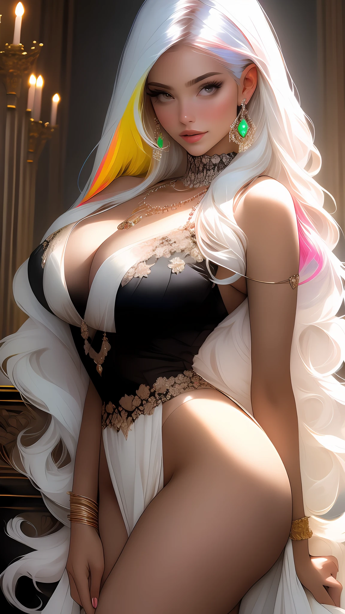 (((multicolored hair, [white hair])))), ultra realistic 8k CG, perfect face, flawless, clean, masterpiece, professional artwork, famous art, cinematic lighting, cinematic flower, perfect face, beautiful face, beautiful eyes, (((perfect female body, narrow waist))), beautiful queen, royal, divine, goddess, (royal palace), fantasy, dreamlike, unreal, science fiction, (huge breasts), beautiful clothes, lace, lace trim, lace legwear,  nsfw, breasts out, absurdly long hair, very long hair, (rich: 1.4), prestige, luxury, jewelry, diamond, gold, pearl, gem, sapphire, ruby, emerald, intricate detail, delicate pattern, sexy, charming, seductive, seductive, erotic, charming, hair ornament, necklace, earrings, bracelet, armband, looking at the viewer,