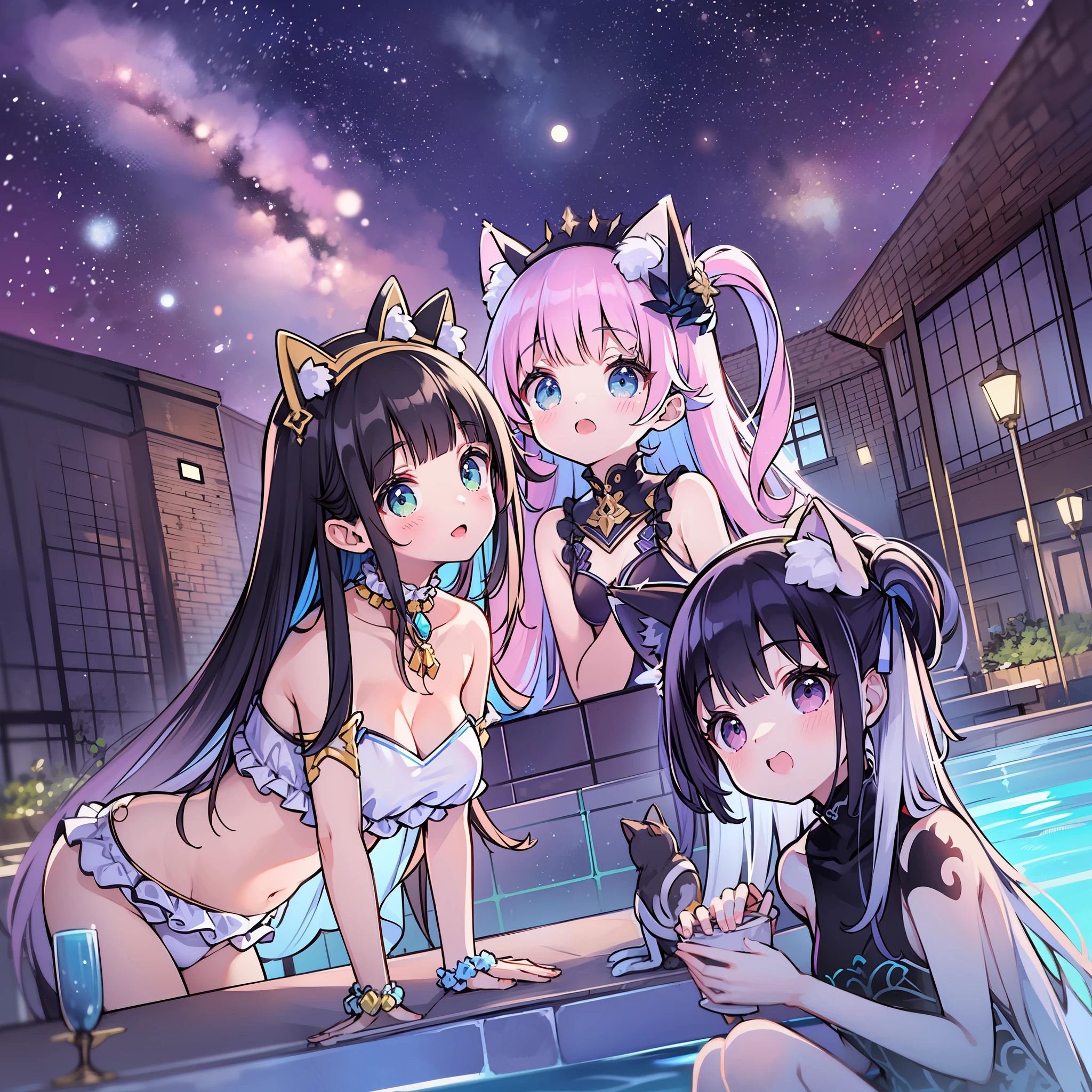 A few girls、appearance々Types of swimwear、appearance々Swimwear in different colors、appearance々Types of hairstyles、appearance々Hair color、appearance々Eye color、They're as flat as planks。They have flat breasts。Flat、They are very thin and petite.、short、The chest is considered flat、poor breasts、slight chest、faint breasts、modest chest、、Vivid Color、Colorful、Amazing starry sky、Girls pointing at meteors、Humanoids in fantasy worlds、Cat girl、Fox Maiden、Slime Girl、Harpy Girl、Shallow moonlit pool、Dim lighting by the pool、Illuminated Pool、Rooftop pool of the building、They are sitting by the pool and looking up at the starry sky happily、Angle from the ground by the pool、Angle from low、snapshot、Detailed depiction、