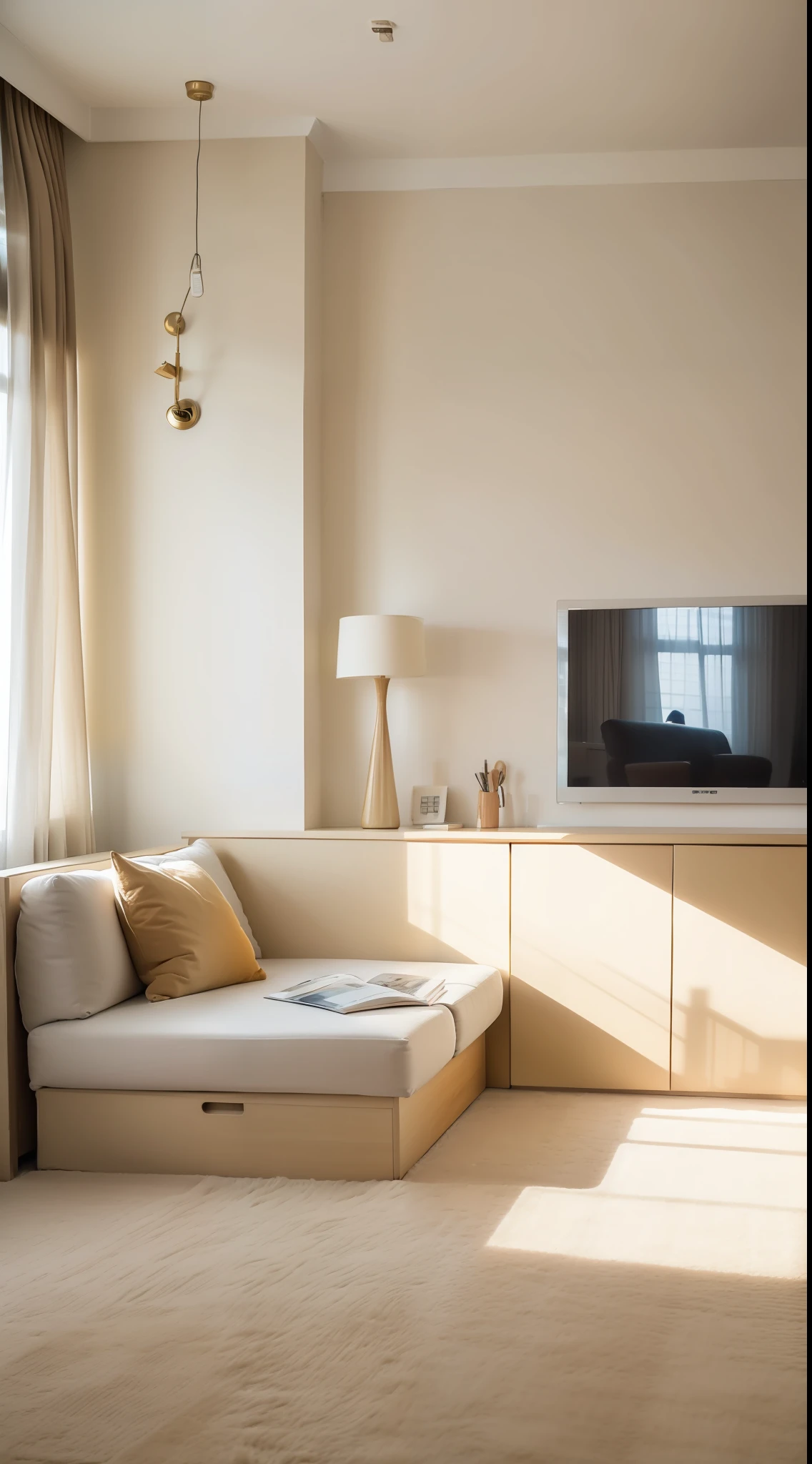 Cream style living room scene，sofa，Storage box，Large screen TV，Simple carpet，Throw pillows，Medium view，Minimalist background，Bright natural light，Bright and intense，The picture is bright and warm，Vista view