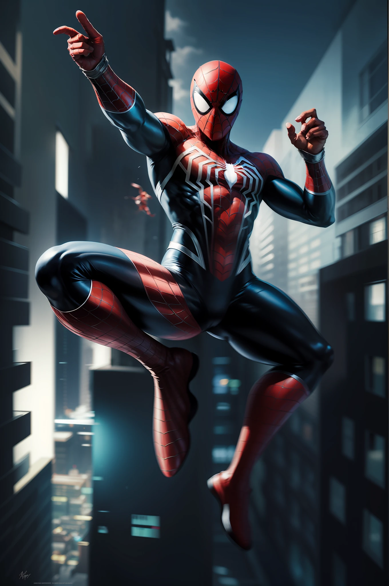 Comic style + hyper-realistic oil painting, Full-body cinematic poster of Spider-Man in dynamic pose jumping in the air . Cinematic, altamente detalhado, rosto detalhado, realista, Black background with cinematic New York, cores vibrantes.