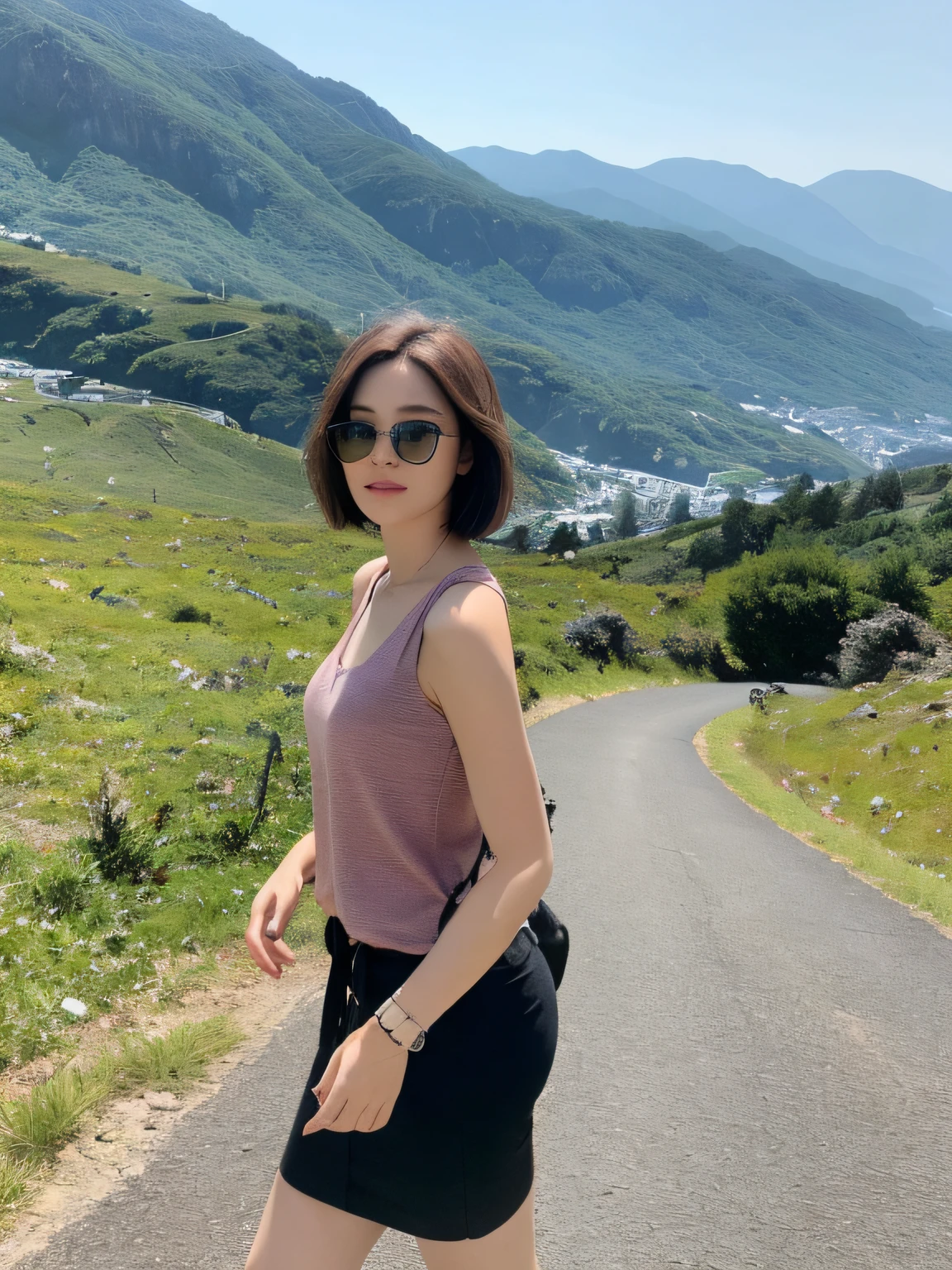 （（Best quality，8K，master masterpiece：1.3））， 1girl， full-body， Slim face， Beautiful woman， （Short dark brown hair）， Long top， Super detailed face， Detailed eyes， Back，Walking on the side of the mountain with sunglasses and looking at the mountains in the distance， Blur the background， Slim face， Big mountains，sunrise，