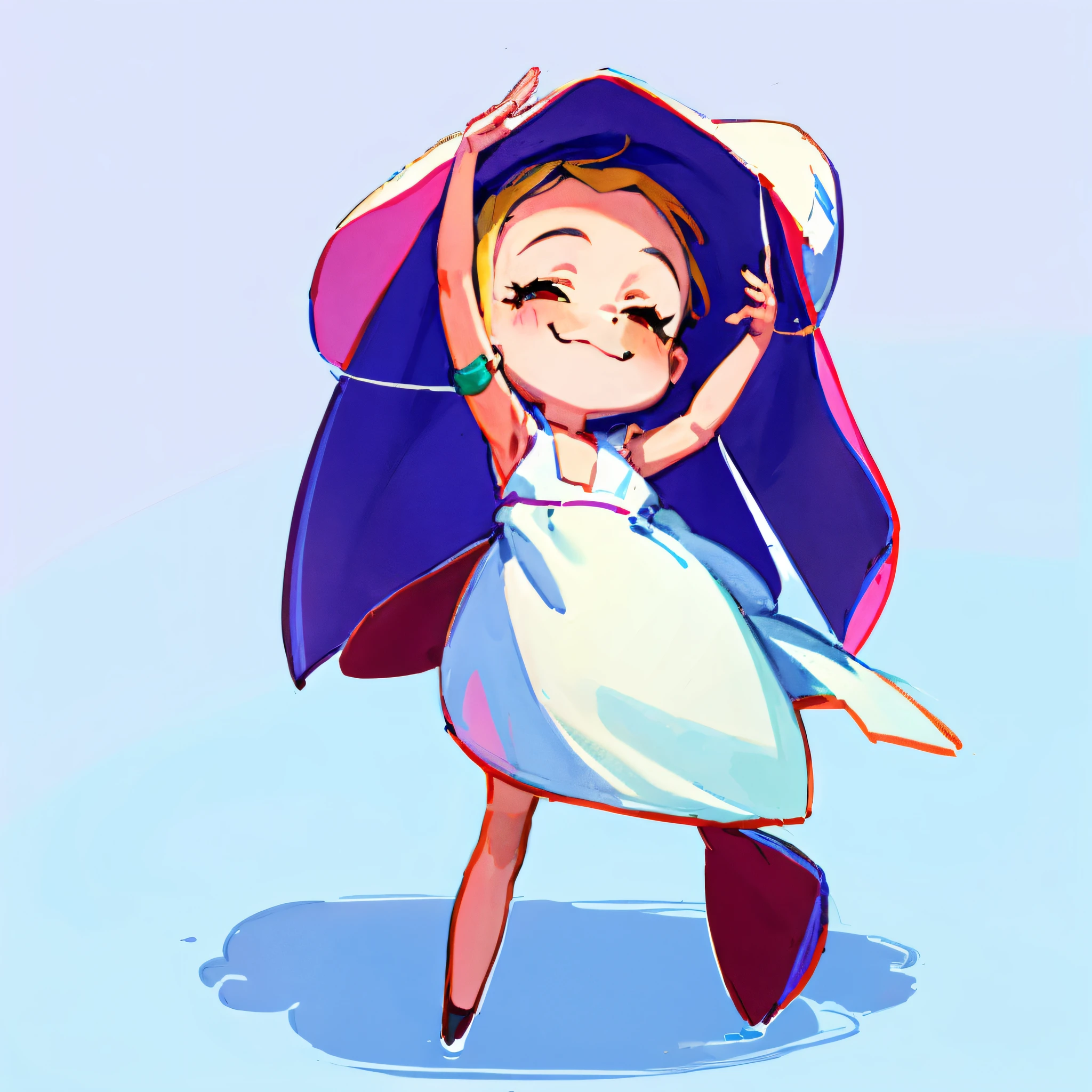 drawing of a cartoon girl with a dress and a hat, holding a pudica pose, pudica pose gesture, small curvy , lolidress, neutral pose, posing(arms up + happy), pretty face with arms and legs, clean anime outlines, hands behind her body pose!, default pose neutral expression, character is in her natural pose