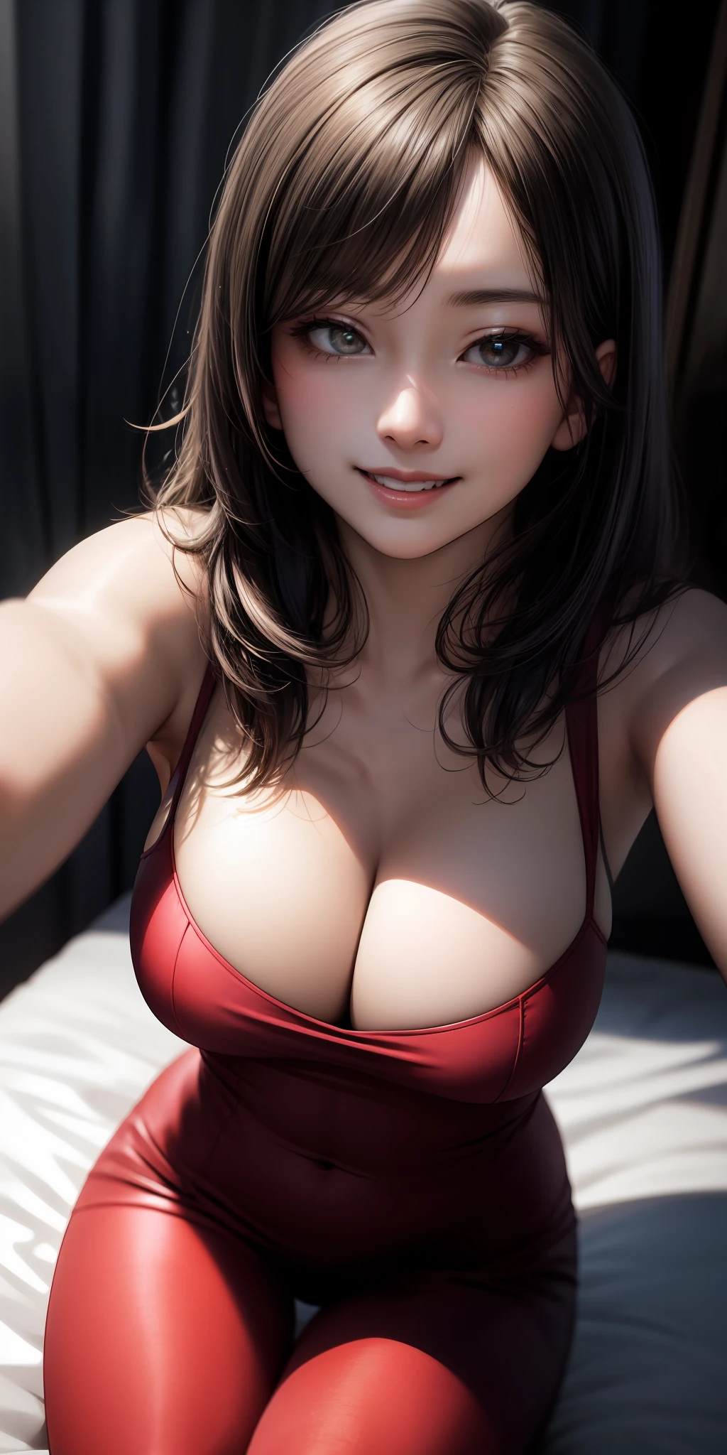 realistic、1 girl、Selfie、Looking up、Face large zoom、Cleavage emphasis、smile、Upper body zoom、sexy、Sit in bed