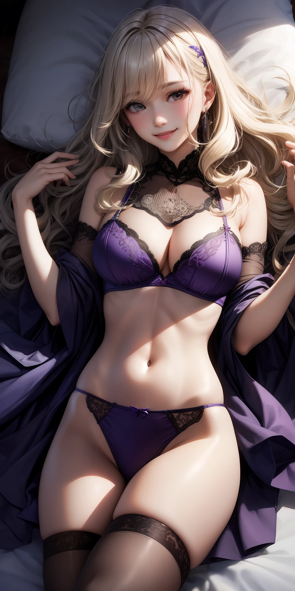 realistic、Wavy hair、Platinum blonde hair、Waist-length hair、Has hair ornaments、Sexy purple underwear with red embroidery、Enchanted smile、belle、On the bed、light as gauze((See-through))、Lying