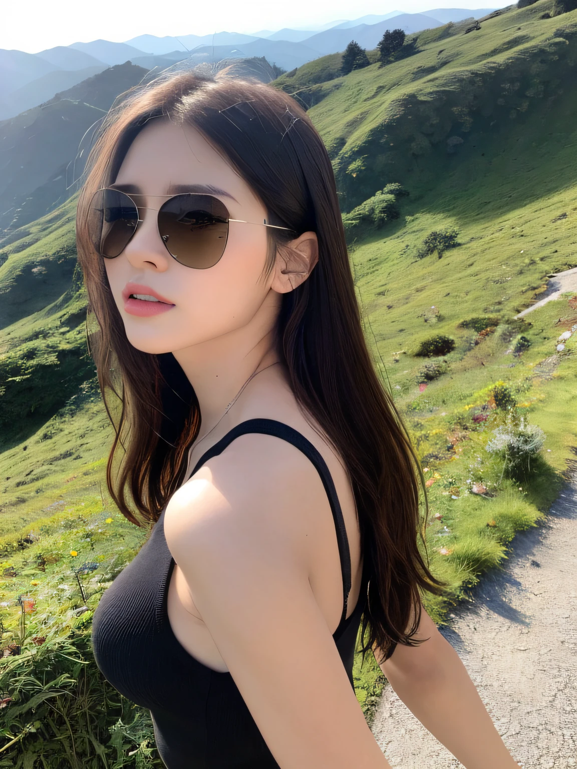 ((Best quality,8K,master masterpiece:1.3)), 1girl, full-body, Slim face, Beautiful woman, (Short dark brown hair), Long top, Super detailed face, Detailed eyes, Back,Walking on the side of the mountain with sunglasses and looking at the mountains in the distance, Blur the background, Slim face, Big mountains,sunrise,
