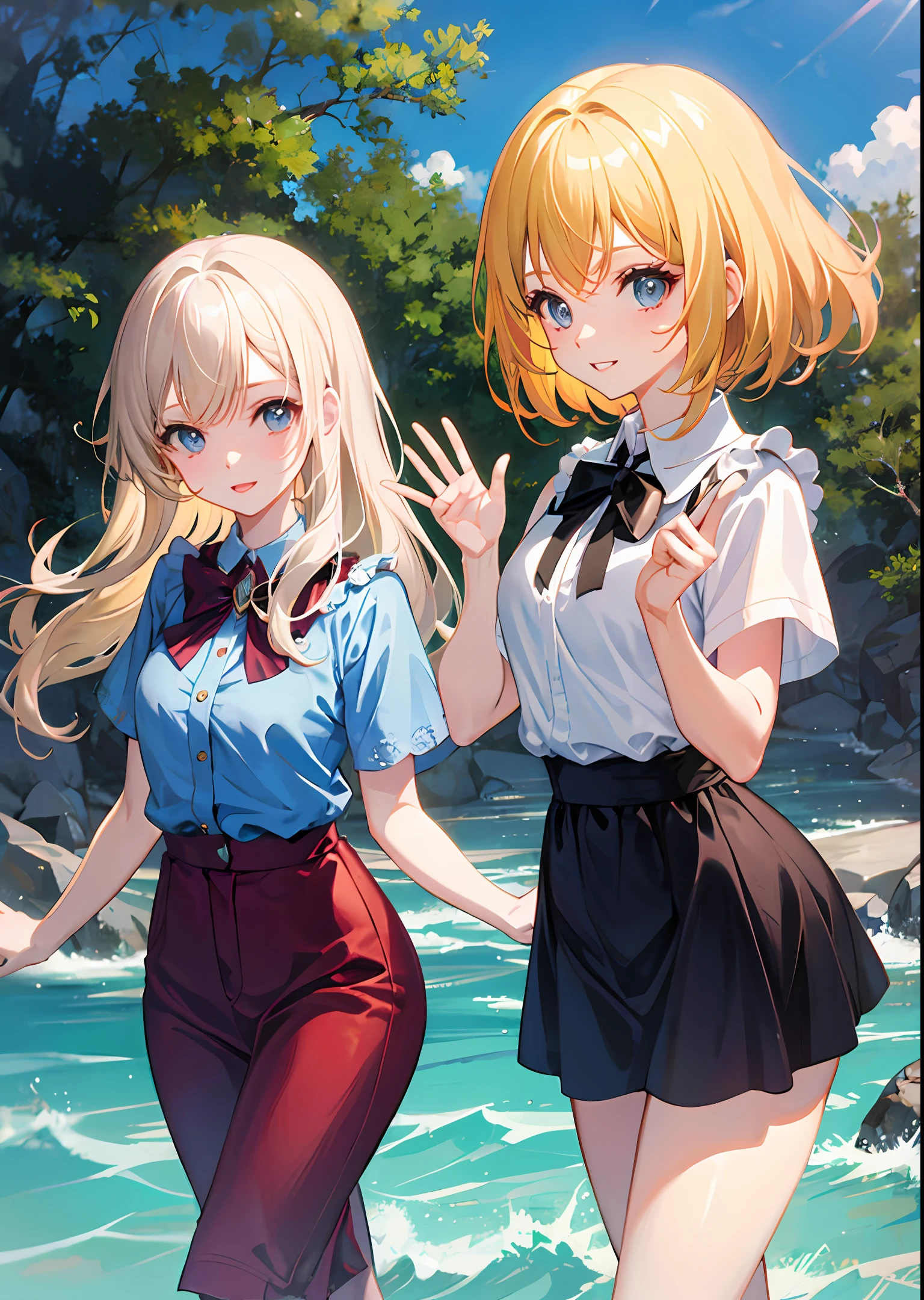 Mom and daughter anime wave goodbye happy, One brunette and one blonde standing