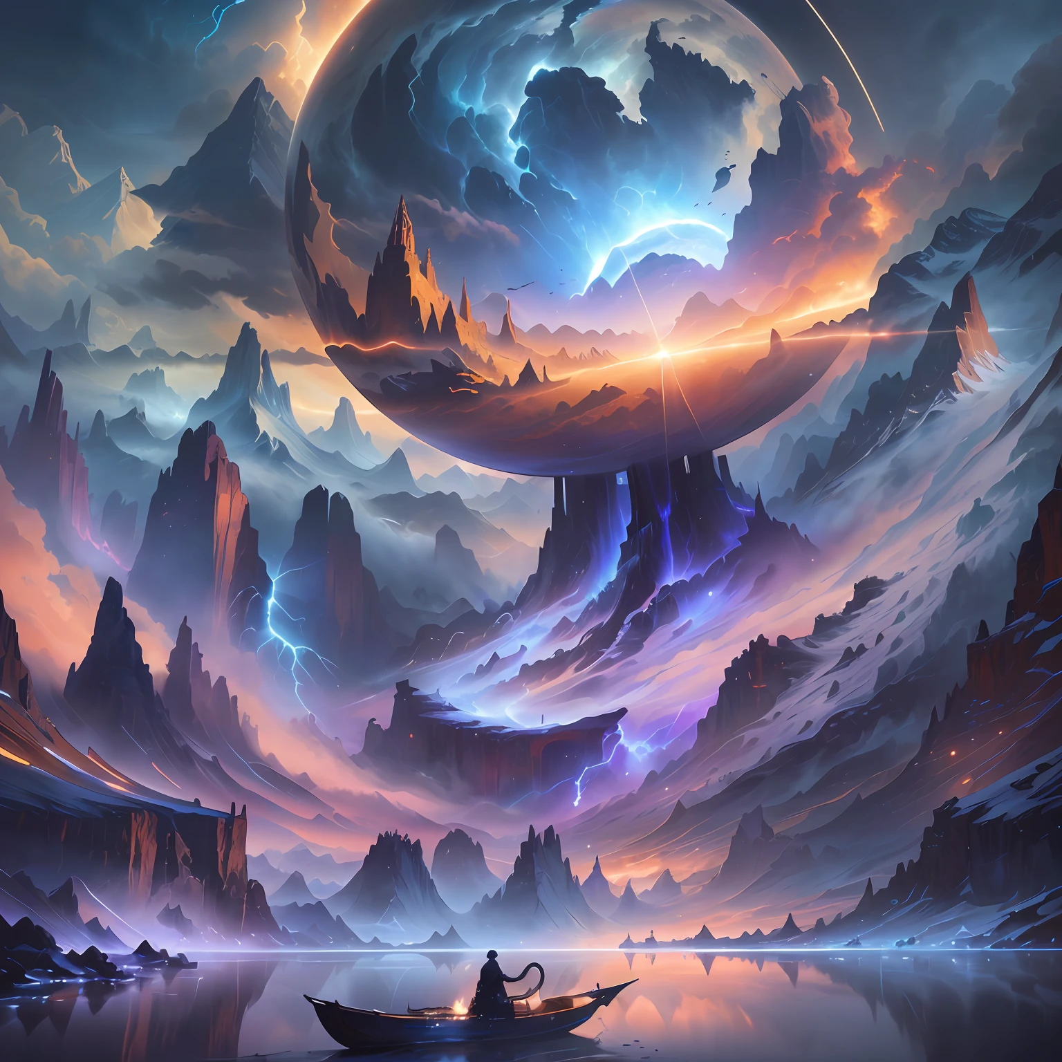 A train in the sky and a man on a boat in the lake,A planet in the background, 4k highly detailed digital art, 8k stunning artwork, epic dreamlike fantasy landscape, fractal thunder dan mumford, detailed fantasy digital art, 4k detailed digital art, 4k fantasy art, impressive fantasy landscape, epic fantasy digital art style, epic fantasy sci fi illustration