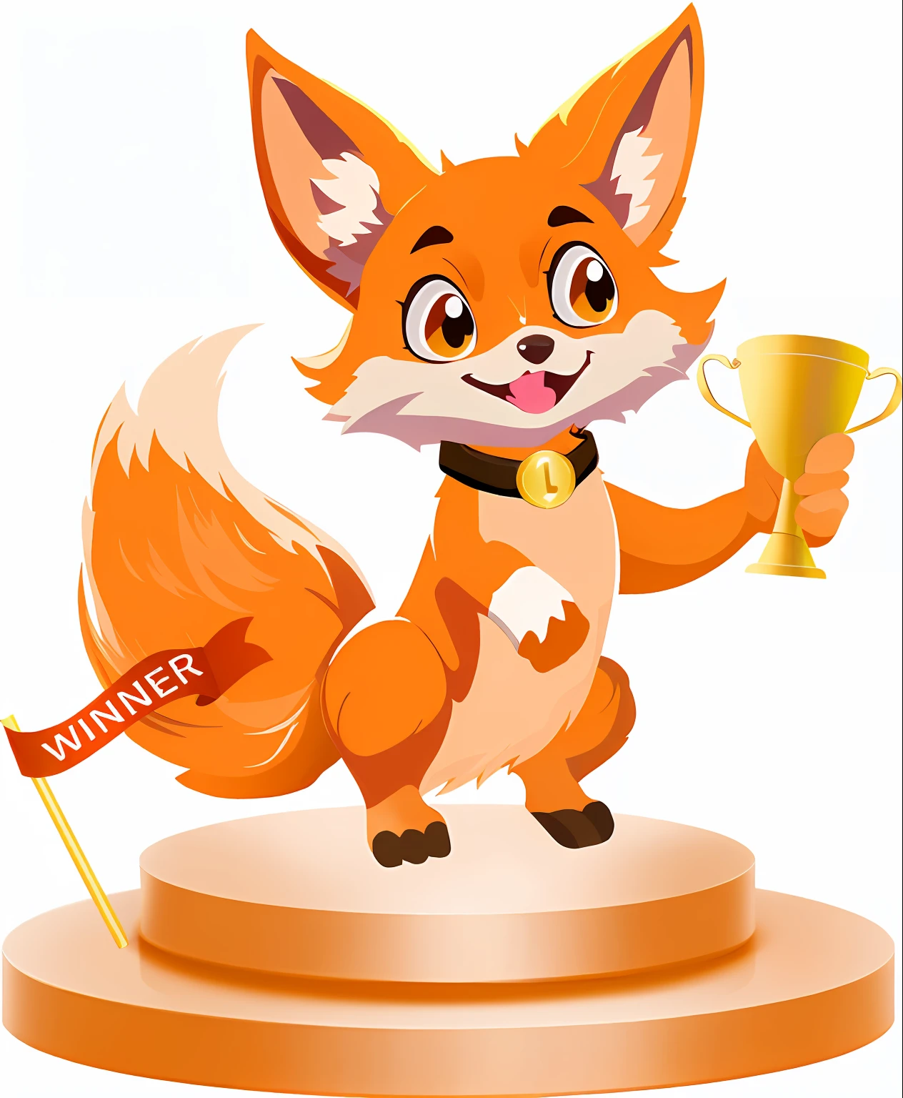 cartoon fox holding a trophy on a pedestal with a sign, winning award image, pixabay contest winner, tonic the fox, anthropomorphic fox, digital fox, fox animal, furaffinity award winning, foxy, cute fox, anthropomorphic fox, reddit contest winner, award winning animation, character design contest winner, winning award piece