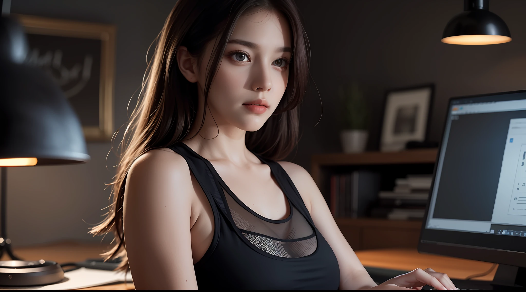 beautiful lighting, real life, beautiful professional women, wear tank top short skirt, sitting in front of computer doing work, eye looking to camera, full body view, , intricate, high detail, sharp focus, ultra realistic, 8K, masterpiece, best quality, high quality