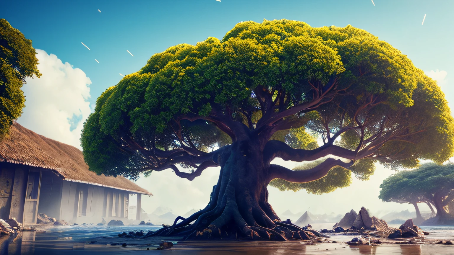 Masterpiece, best quality, high quality, highly detailed CG unity 8k wallpaper, surreal giant cyan rain tree in a futuristic prehistoric village, splashing water, sandy debris, lens flare, sun axis, fluffy clouds, ultra detailed, HDR, bloom, photorealistic, ultra detailed