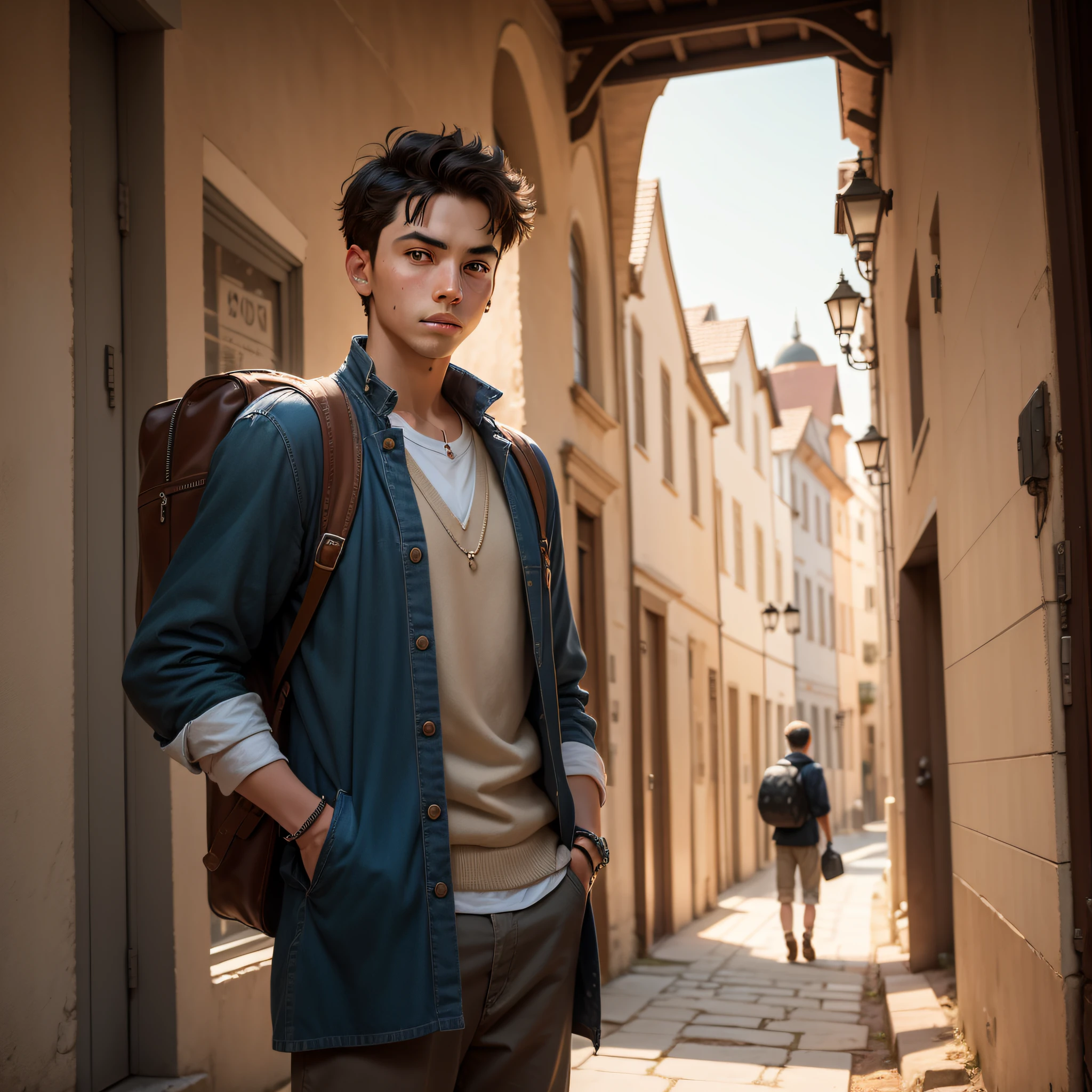 Boy traveling in the ancient era with his hands in his pocket