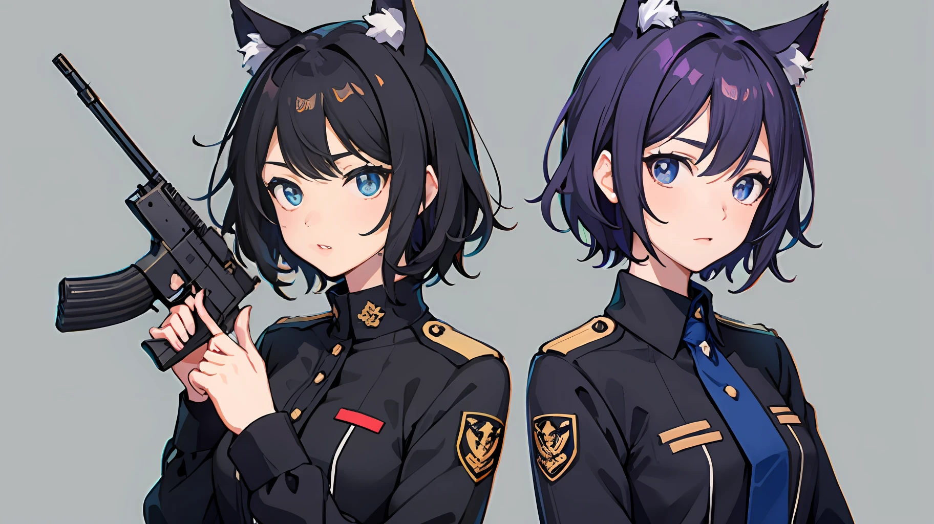 2girl simple background、and {{masterpeace}}, short wavy hair, navy hair, black cat ear, Blue eyes,Uniform、With a gun、discord、and {{masterpeace}}, {{{top quality}}}, {{Super detailed}}, {{illustration}}, {{{1girle}}}, short hair,Purple eyes,Black hair,Uniform、With a gun、discord、