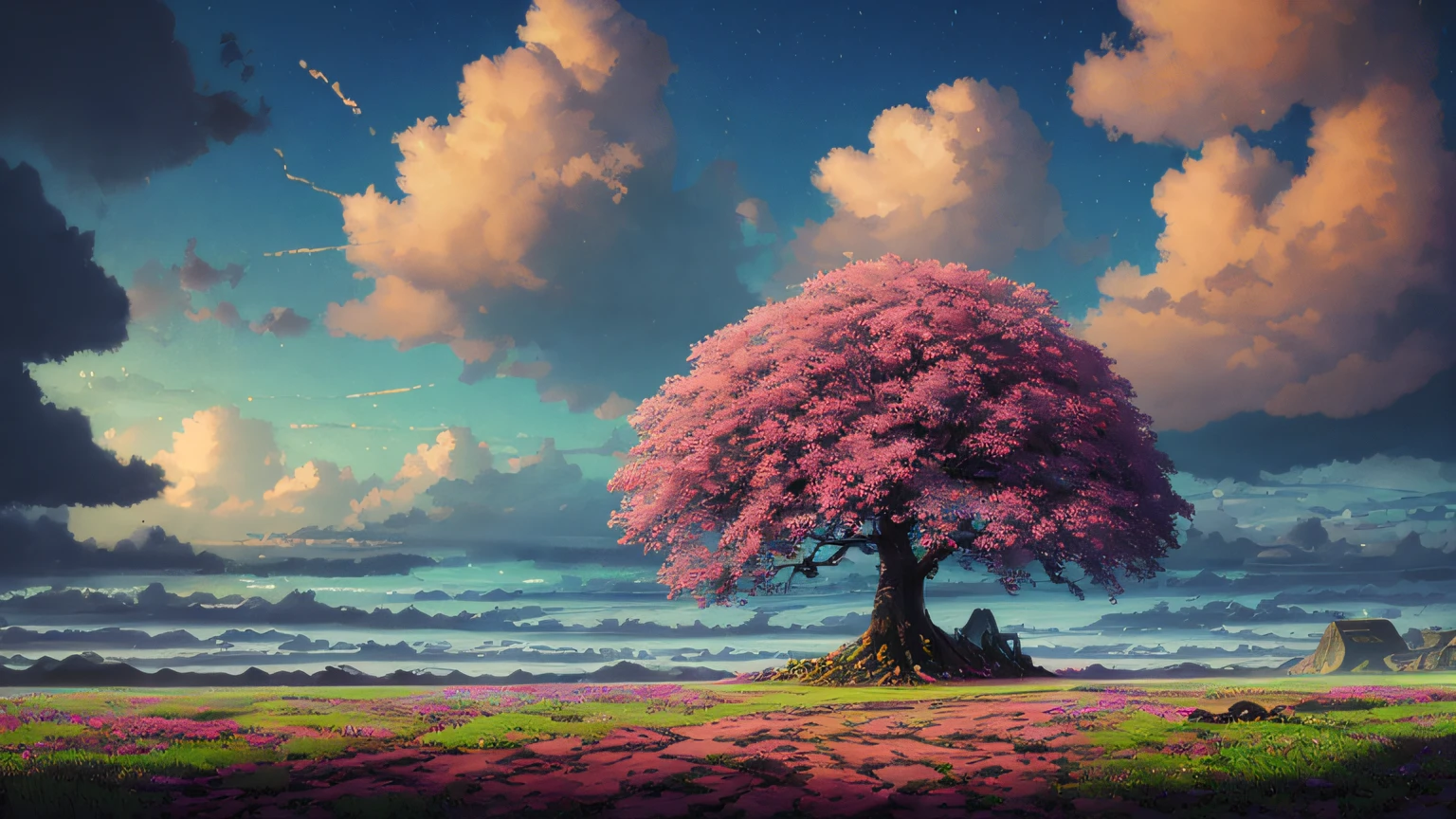 Masterpiece, best quality, high quality, highly detailed CG unity 8k wallpaper, surreal giant cyan rain tree in a futuristic prehistoric village, splashing water, sandy debris, lens flare, sun axis, fluffy clouds, ultra detailed, HDR, bloom, photorealistic, ultra detailed