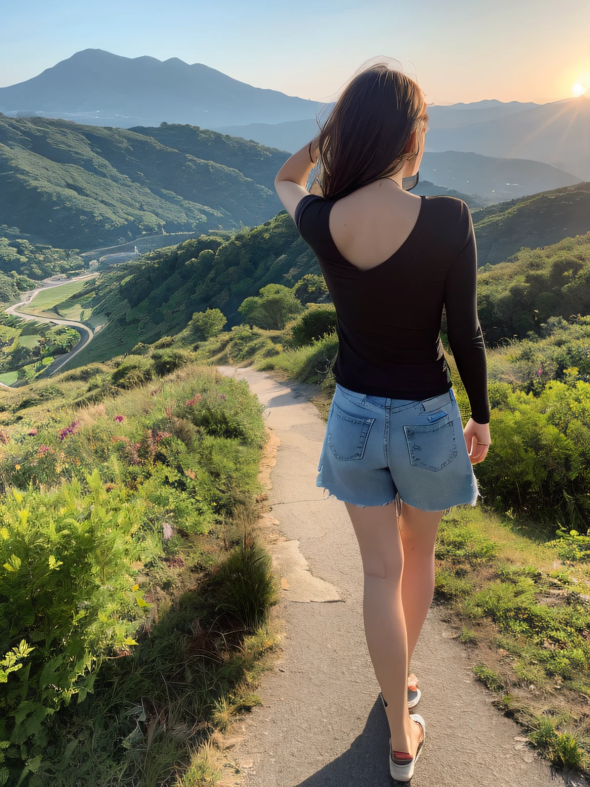 ((Best quality,8K,master masterpiece:1.3)), 1girl, full-body, Slim face, Beautiful woman, (Short dark brown hair), Long top, Super detailed face, Detailed eyes, Back,Walking on the side of the mountain with sunglasses and looking at the mountains in the distance, Blur the background, Slim face, Yamakawa,sunrise,