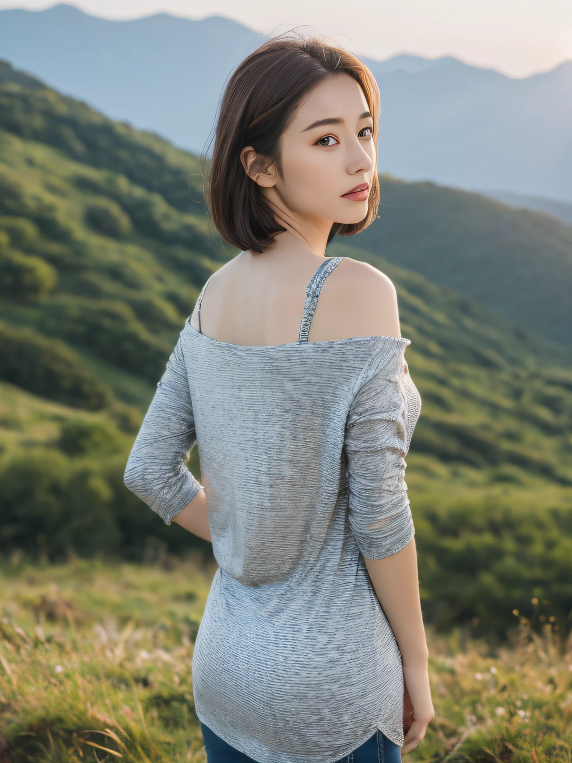 ((Best quality,8K,master masterpiece:1.3)), 1girl, full-body, Slim face, Beautiful woman, (Short dark brown hair), Long top, Super detailed face, Detailed eyes, Back,Walking on the side of the mountain with sunglasses and looking at the mountains in the distance, Blur the background, Slim face, Yamakawa,sunrise,