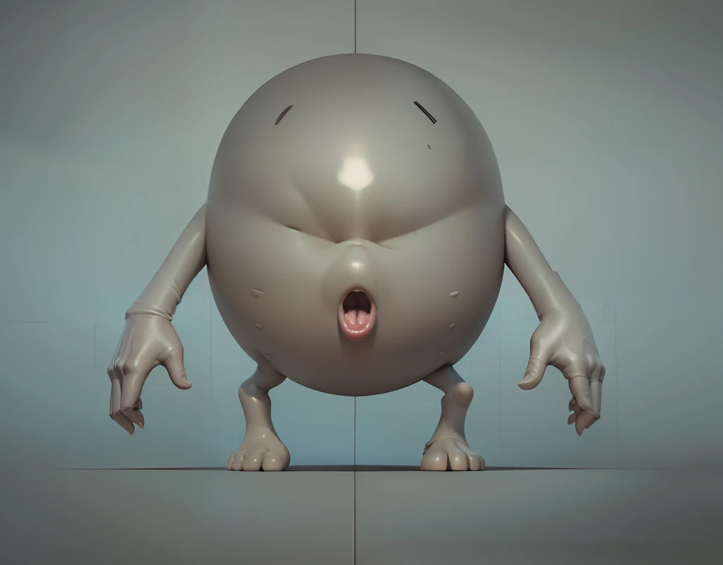a close up of a cartoon character with a large head and hands, complete detailed body, merged character, centered full body rear-shot, extra detailed body, untextured, There are large mouths and mouths,There is a tongue,modeled in poser, symmetrical fullbody rendering, full character body, modeled in 3 d, Stylized proportions, 2 d render, complete body view, Highly detailed body --auto