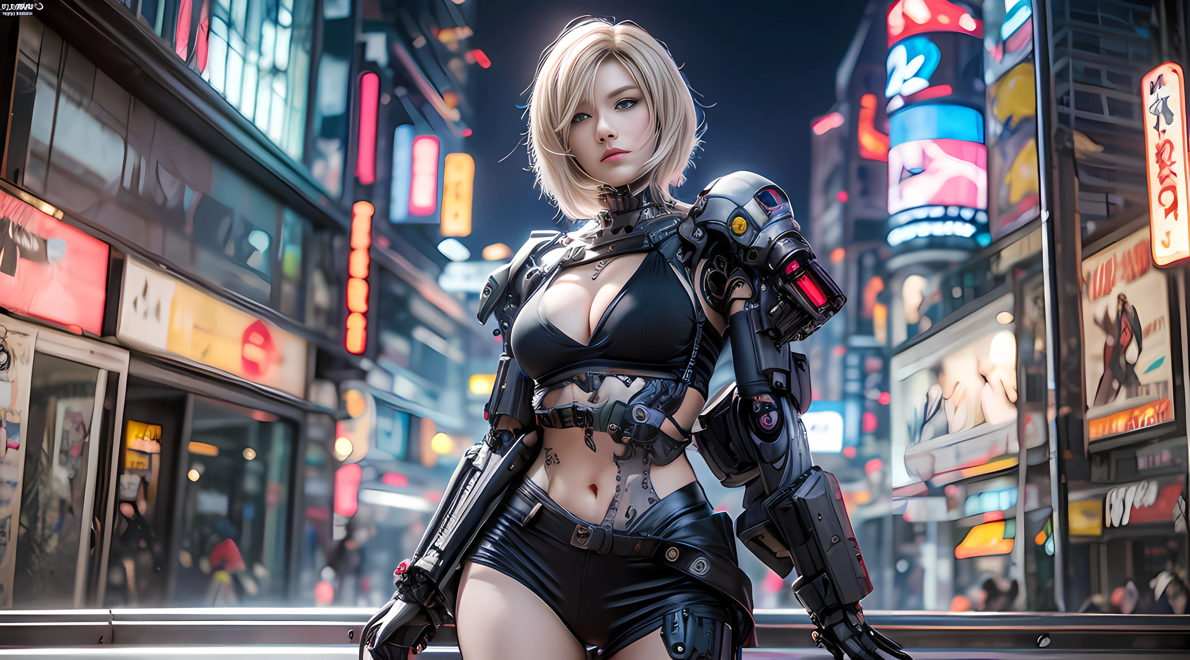 Full body potrait 1 blonde beauty in cosplay posing for a photo shoot, beutiful girl cyborg, cyborg girl, cute cyborg girl, perfect anime 3d cyborg woman, beutiful white cyborg girl, cyberpunk angry gorgeous goddess, cyberpunk 2 0 y. o model, beautiful cyberpunk female model, super pretty cyberpunk samurai, pretty cyberpunk girl, perfect android girl, fashion cyberpunk mechanoid, background sharpening, delicate face, blue eyes, full hdr 16k