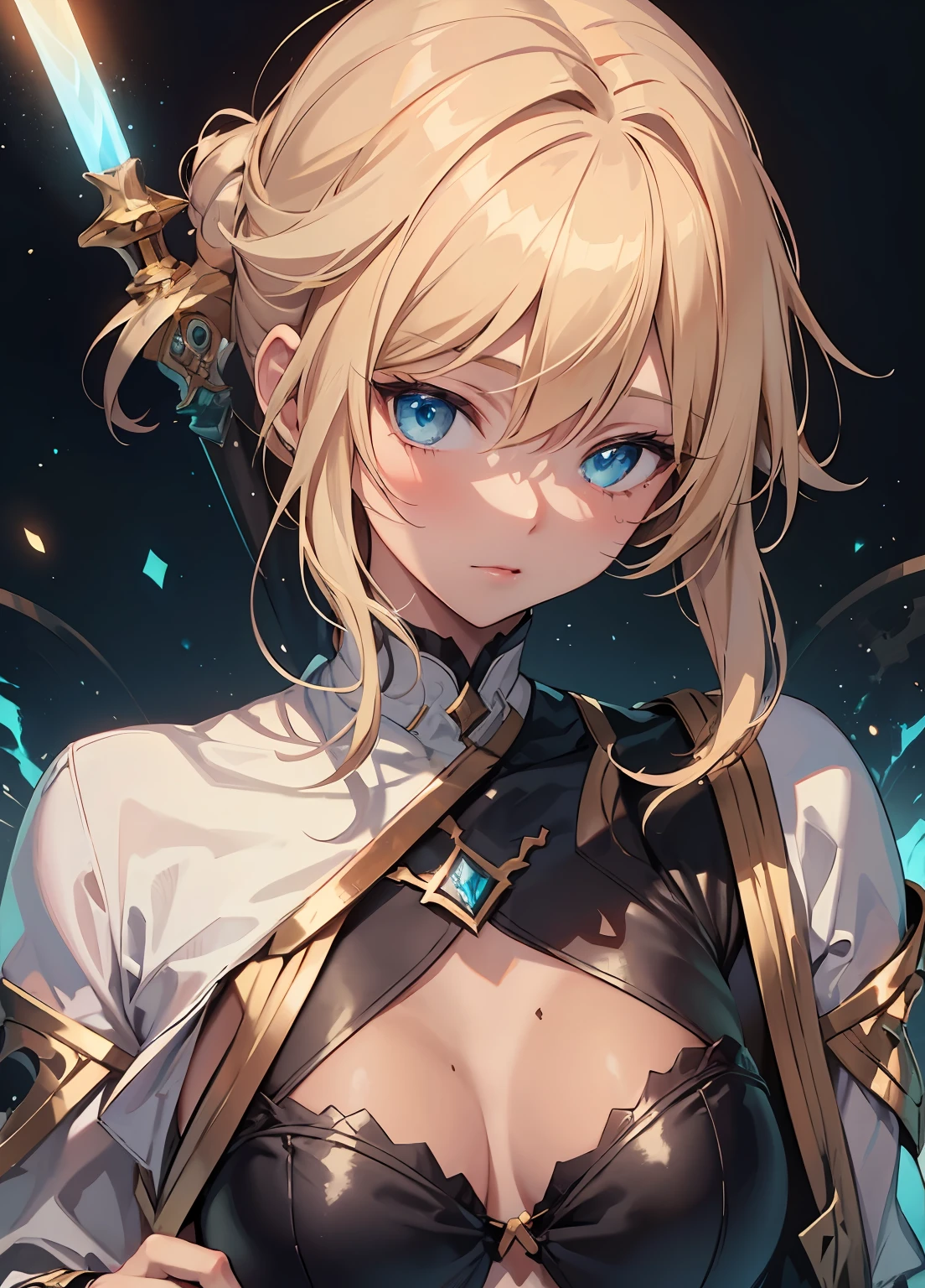 (1girl), (masterpiece), very detailed, colorful, empty background, pantyhose, stationary_restraints, fantasysword sword, blonde hair, long hair, glowing blue eyes, tan lines, black skin, sexy, mysterious, (magic), gold ornament , black and red bodysuit, glowing effect, fantasy, full body view, entire body angle, dynamic pose, dynamic angle, walking