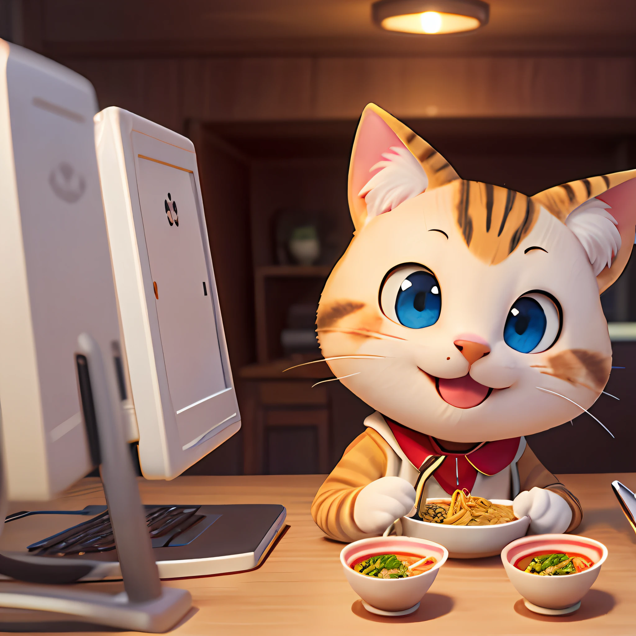 Under the warm light of the home, a cute puppet cat is sitting at the computer desk eating ramen, Disney style, cartoon painting, focus face, smile,