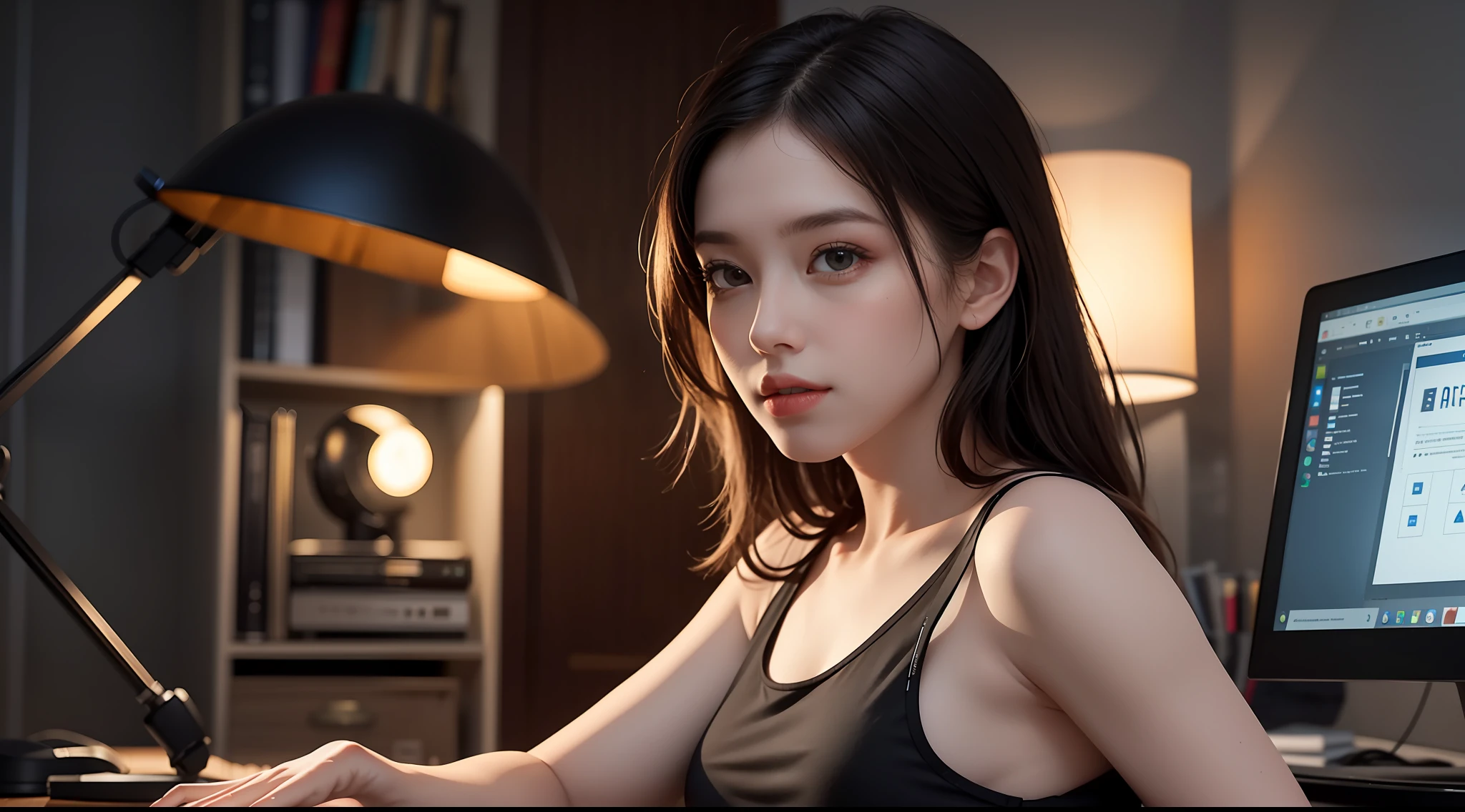beautiful lighting, real life, beautiful professional women, wear tank top short skirt, sitting in front of computer doing work, eye looking to camera, full body view, , intricate, high detail, sharp focus, ultra realistic, 8K, masterpiece, best quality, high quality