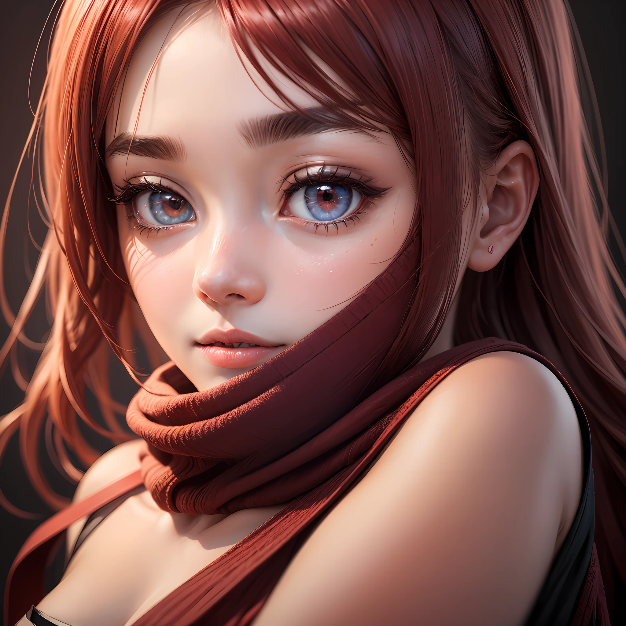 absurdres, 1girl, star eye, blush, (realistic:1.5), (masterpiece, Extremely detailed CG unity 8k wallpaper, best quality, highres:1.2), (ultra_detailed, UHD:1.2), (pixiv:1.3), perfect illumination, distinct, (bishoujo:1.2), looking at viewer, unreal engine, sidelighting, perfect face, detailed face, beautiful eyes, pretty face, (bright skin:1.3), idol, (abs), ulzzang-6500-v1.1, soft smile, upper body, (dark red hair), (simple background), ((dark background)), (depth of field), close-up, selfie --auto