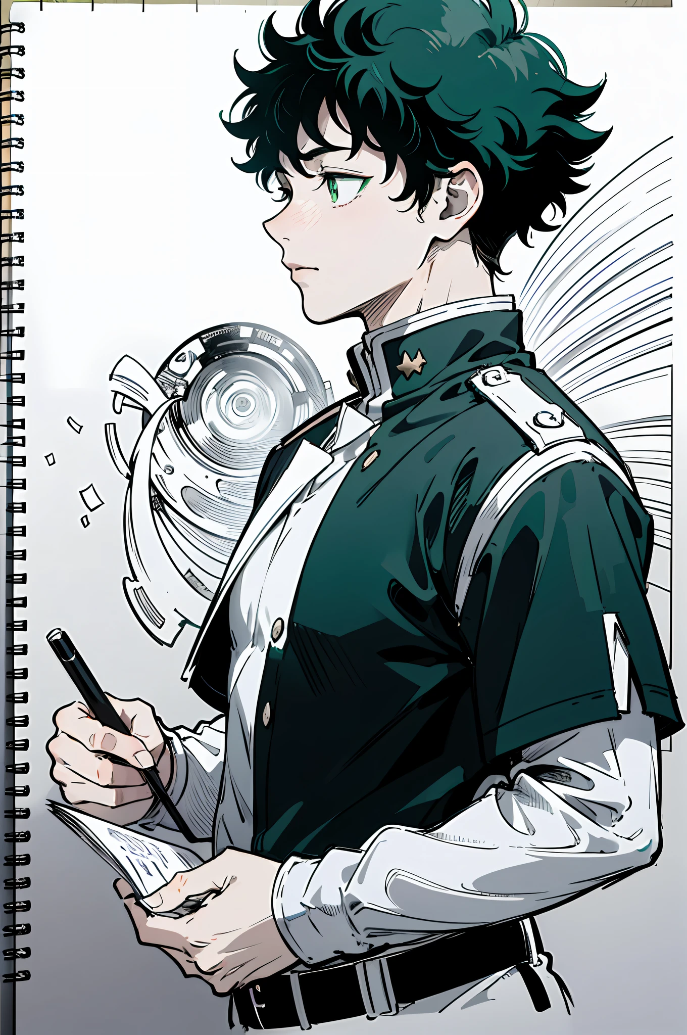 Masterpiece, top quality, 8k, one boy, Izuku Midoriya, 16 years old, black big high-neck clothes, big green eyes, holding a note in front of chest, profile, monochrome, line drawing,