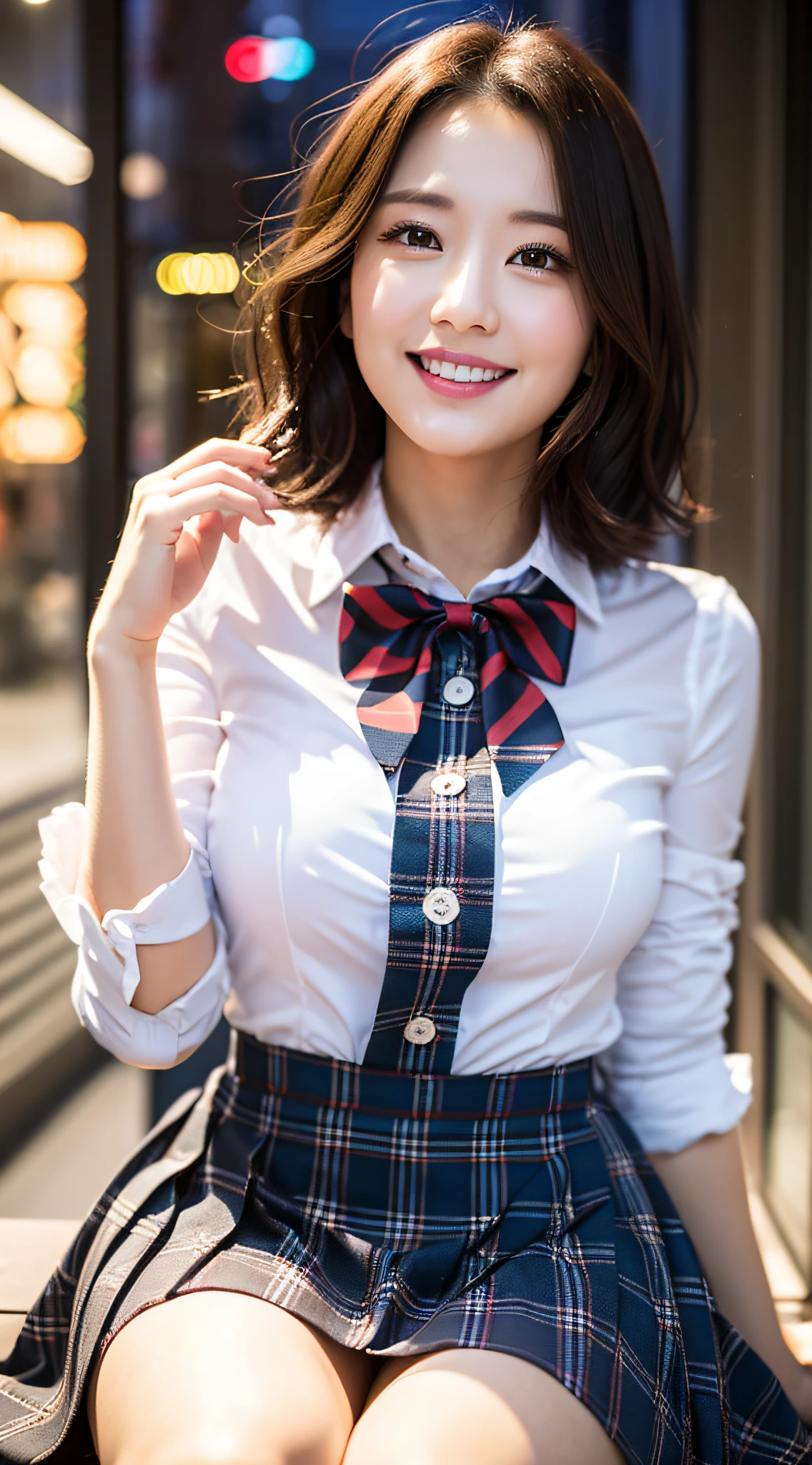 (8k, RAW photo, best quality, masterpiece:1.2), (realistic, photo-realistic:1.37), ultra-detailed,
1 girl,cute, solo,beautiful detailed sky,detailed cafe,night,sitting,dating,(nose blush),(smile:1.1),(closed mouth),large breasts, seductive smile, large aparture, professional lighting, Sony A7R4, Zessie 50mm F1.8,
medium breasts,beautiful detailed eyes,(collared shirt:1.1), bowtie,pleated skirt,(short hair:1.2),floating hair