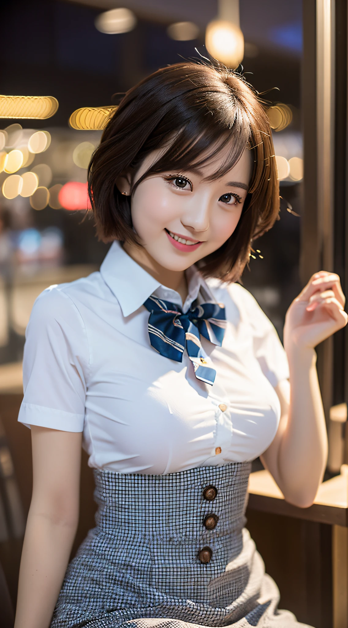 (8k, RAW photo, best quality, masterpiece:1.2), (realistic, photo-realistic:1.37), ultra-detailed,
1 girl,cute, solo,beautiful detailed sky,detailed cafe,night,sitting,dating,(nose blush),(smile:1.1),(closed mouth),large breasts, seductive smile, large aparture, professional lighting, Sony A7R4, Zessie 50mm F1.8,
medium breasts,beautiful detailed eyes,(collared shirt:1.1), bowtie,pleated skirt,(short hair:1.2),floating hair