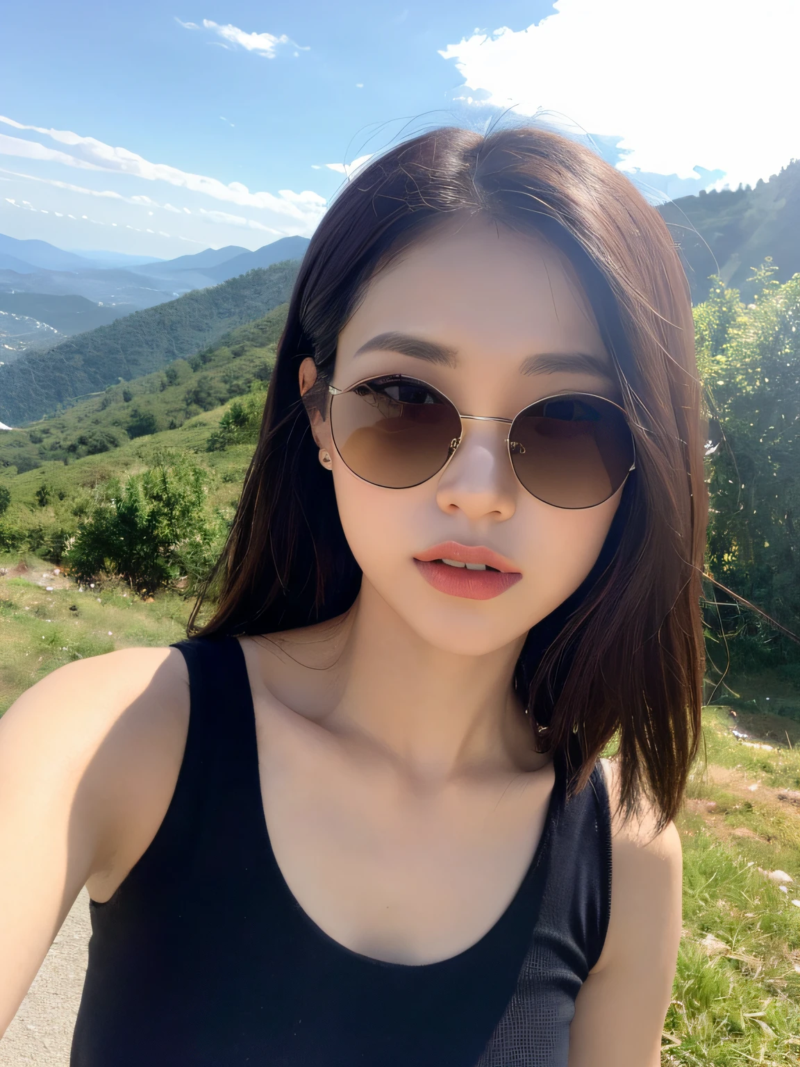 ((Best quality,8K,master masterpiece:1.3)), 1girl, full-body, Slim face, Beautiful woman, (Short dark brown hair), Long top, Super detailed face, Detailed eyes, Back,Walking on the side of the mountain with sunglasses and looking at the mountains in the distance, Blur the background, Slim face, Yamakawa,sunrise,
