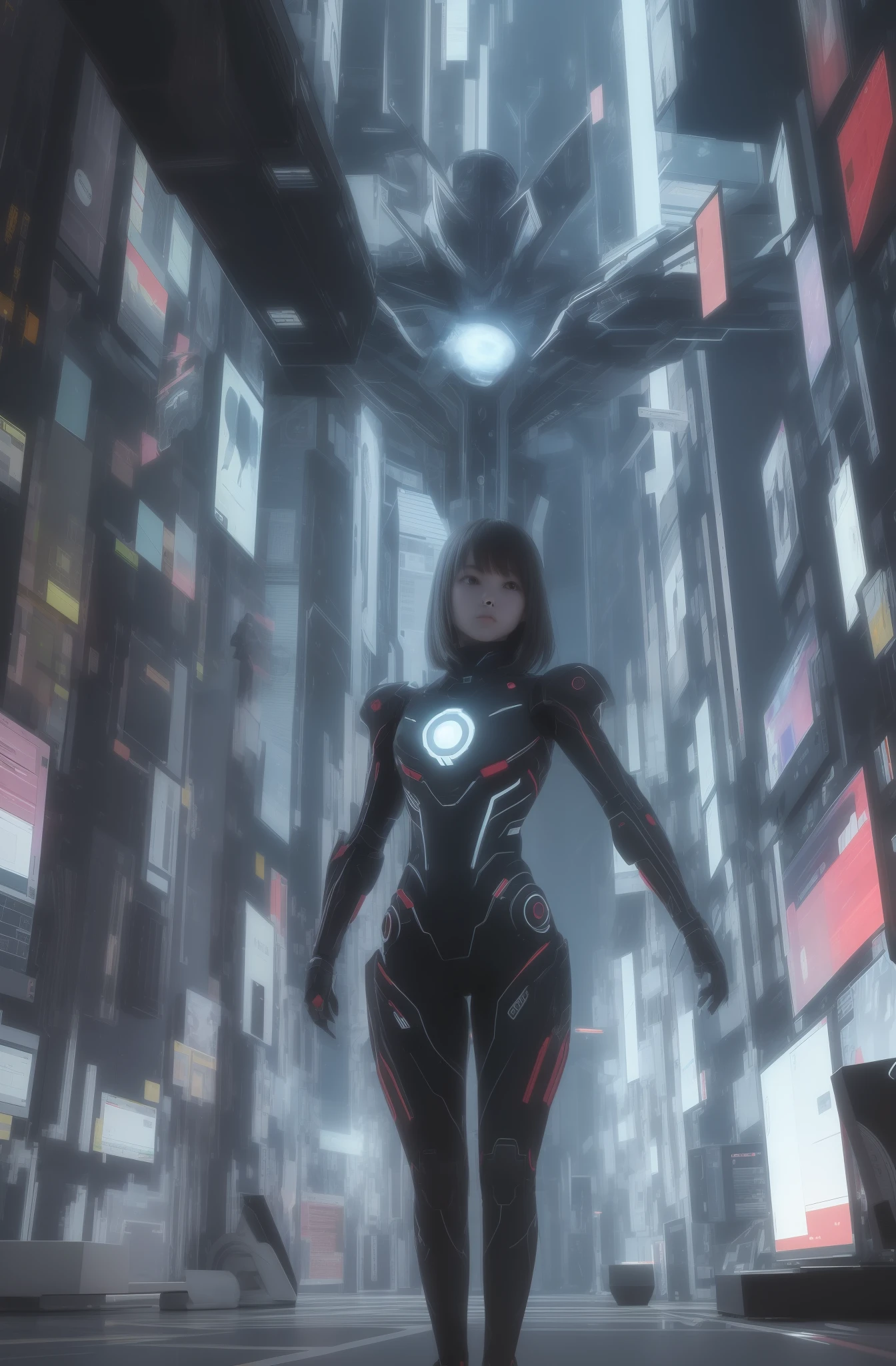 a girl is floating in a system space, surrounded by 3d technology screens