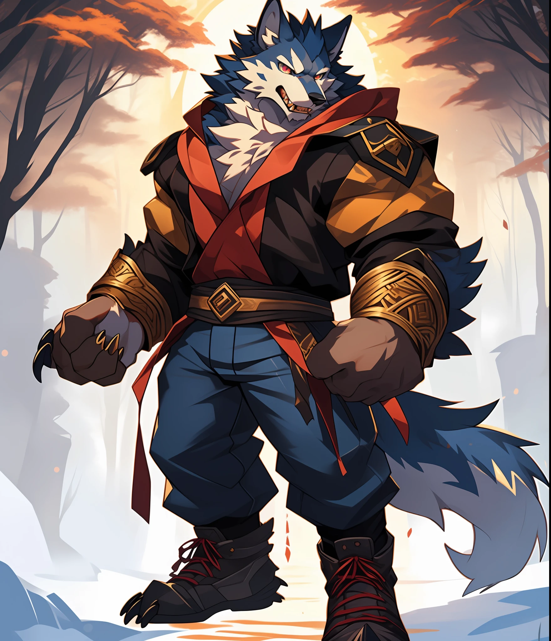 Furry muscular werewolf male wearing only pants, furry art, muscle werewolf, high resolution committee, full body committee, delicate eyes, pupil color is orange-gold, furry color black, furry anime, fluffy art council, furry fleurna, gorgeous werewolf flsona, furry, one-handed waist, furry art, expression fierce, tsundere, 1boy, a long furry wolf tail with fangs in the mouth, staring at the screen, sharp claws, two legs, standing on both feet, the human wolf, as a character in Iron Fist, Flsona art, background, forest path