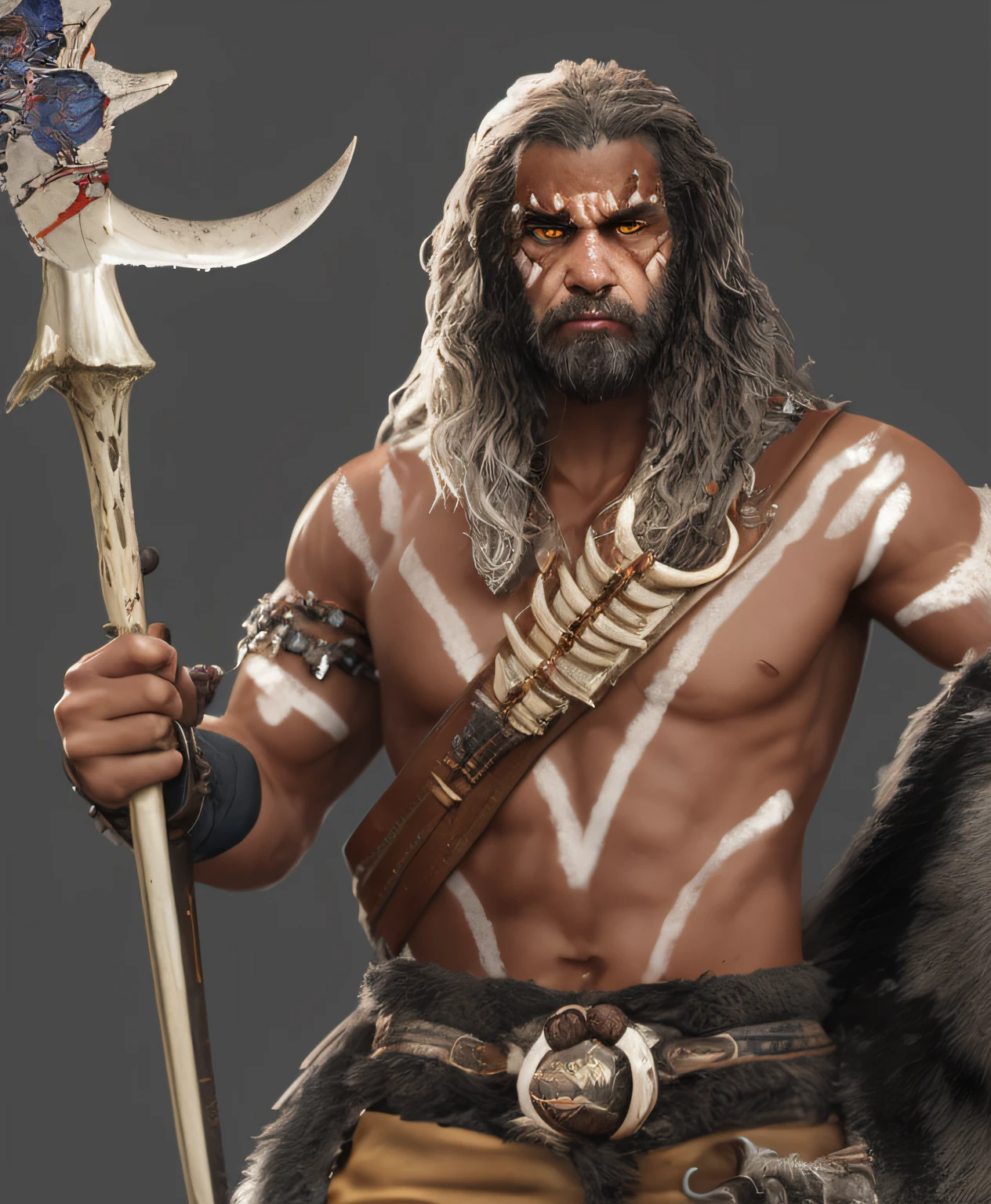 The leader of the Wolf clan, wearing a bone sling across his body, a bone belt around his waist, with a bone ornament on it, a bone ornament, bloom, ((cold light)), sharp focus, photo realistic, detailed skin, background out of focus, cinematic composition , ultra-detailed, realistic , hyper-realistic , volumetric lighting, 8k, trending on artstation