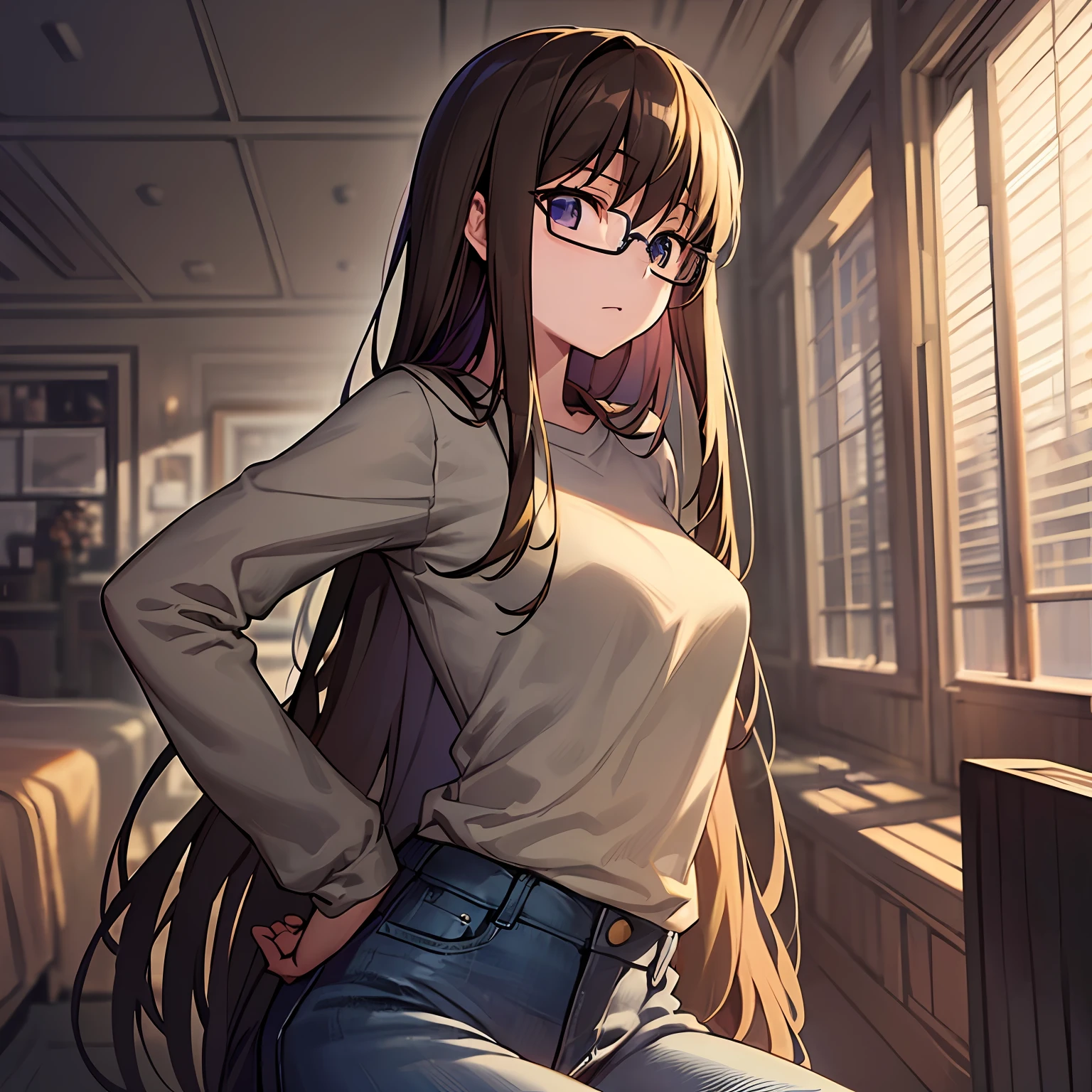 Super detailed、((Masterpieces、top quality、detaild))、Hard rim lighting、((Dramatic lighting))、Sharp Focus、One girl、Code Geass、C.C.、DARK hair、Black-rimmed glasses、full-body、Tshirt、jeans、small breasts、Slender