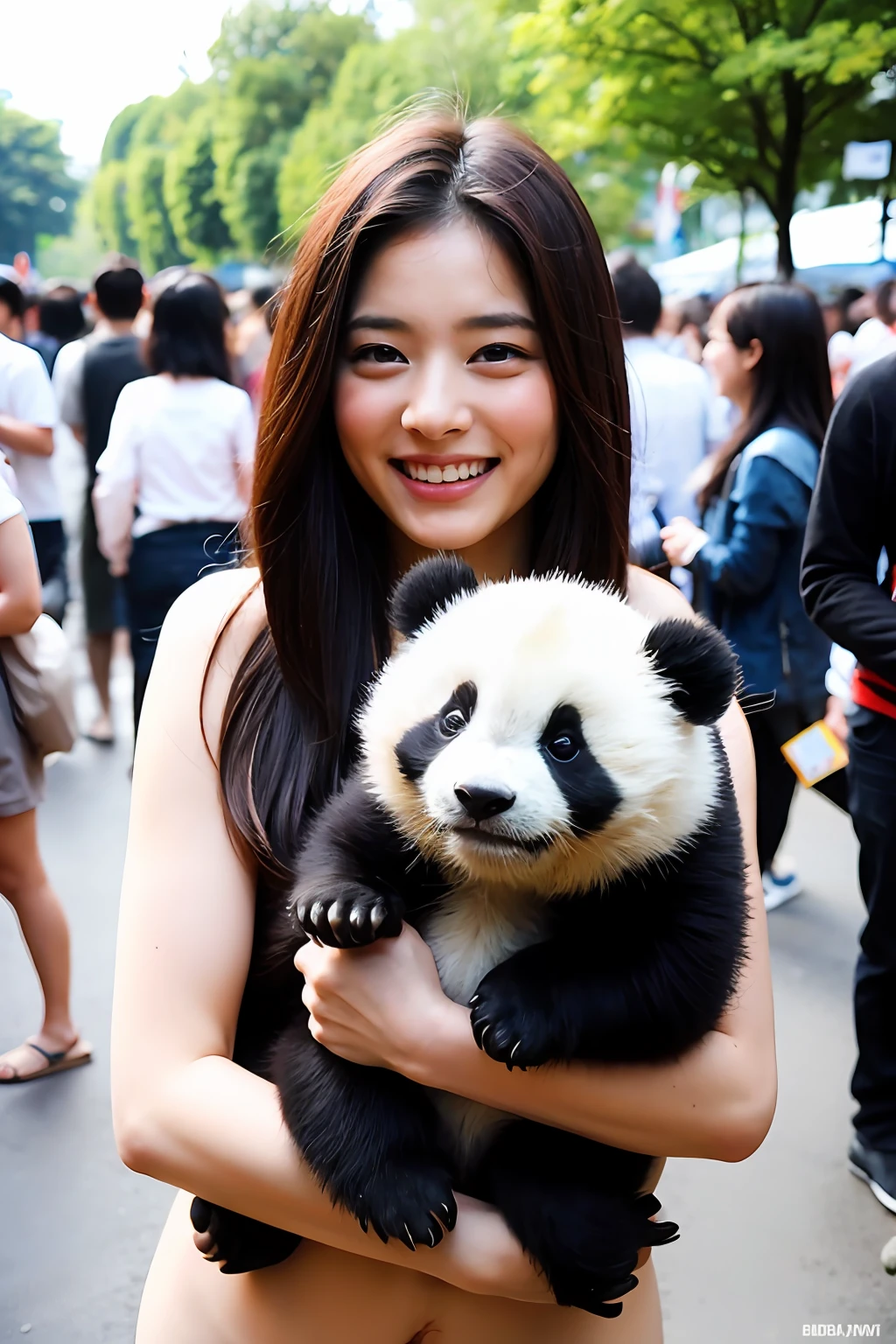 Masterpieces, top quality, photo-realistic, A girl, Japanese, smiling face, naked, Panda cub in his arms, In front of a crowd, portrait