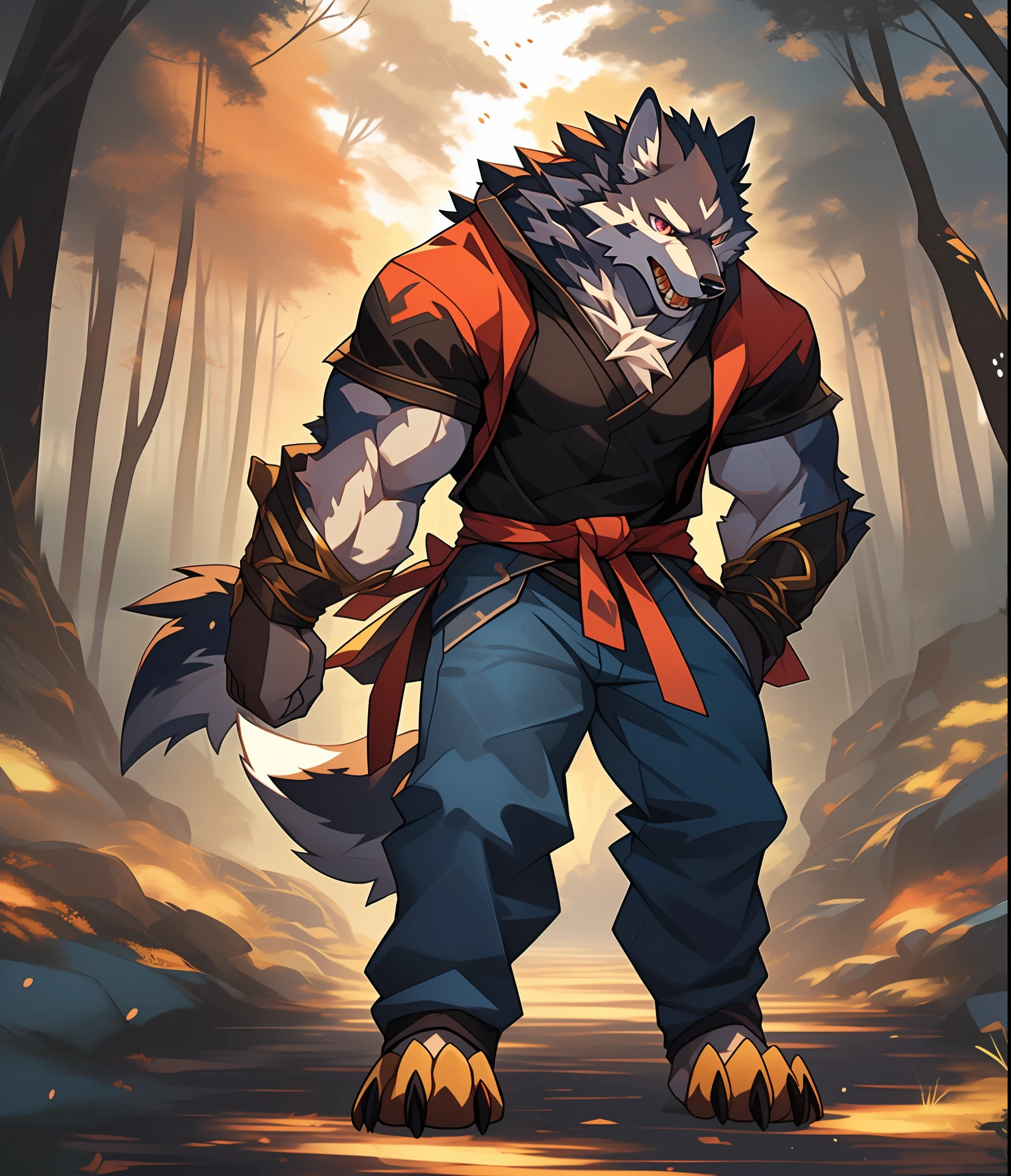 Furry muscular werewolf male wearing only pants, furry art, muscle werewolf, high resolution committee, full body committee, delicate eyes, pupil color is orange-gold, furry color black, furry anime, fluffy art council, furry fleurna, gorgeous werewolf flsona, furry, one-handed waist, furry art, expression fierce, tsundere, 1boy, a long furry wolf tail with fangs in the mouth, staring at the screen, sharp claws, two legs, standing on both feet, the human wolf, as a character in Iron Fist, Flsona art, background, forest path