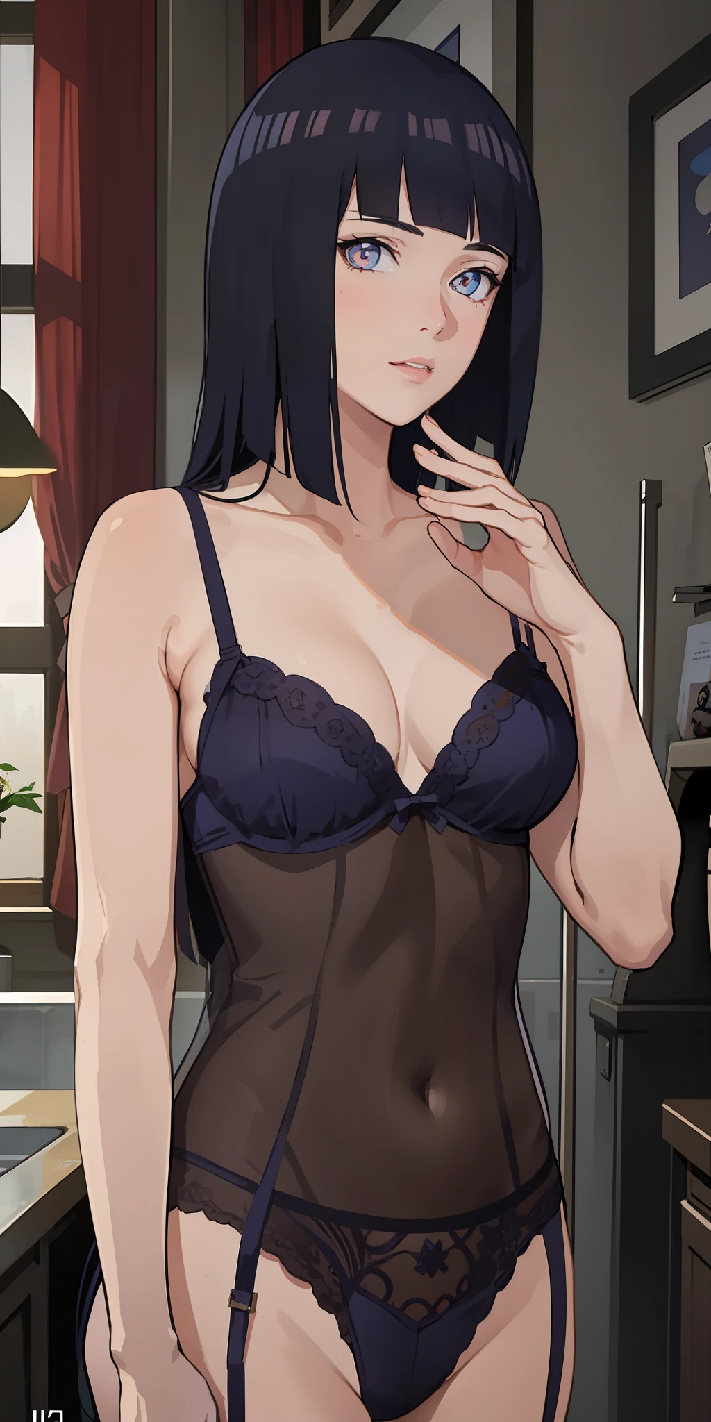 masterpiece, best quality, ultra-detailed, illustration,1girl,
long hair, dark blue hair, 
medium breast,  lingerie,
looking at viewer, hinata/(boruto/)