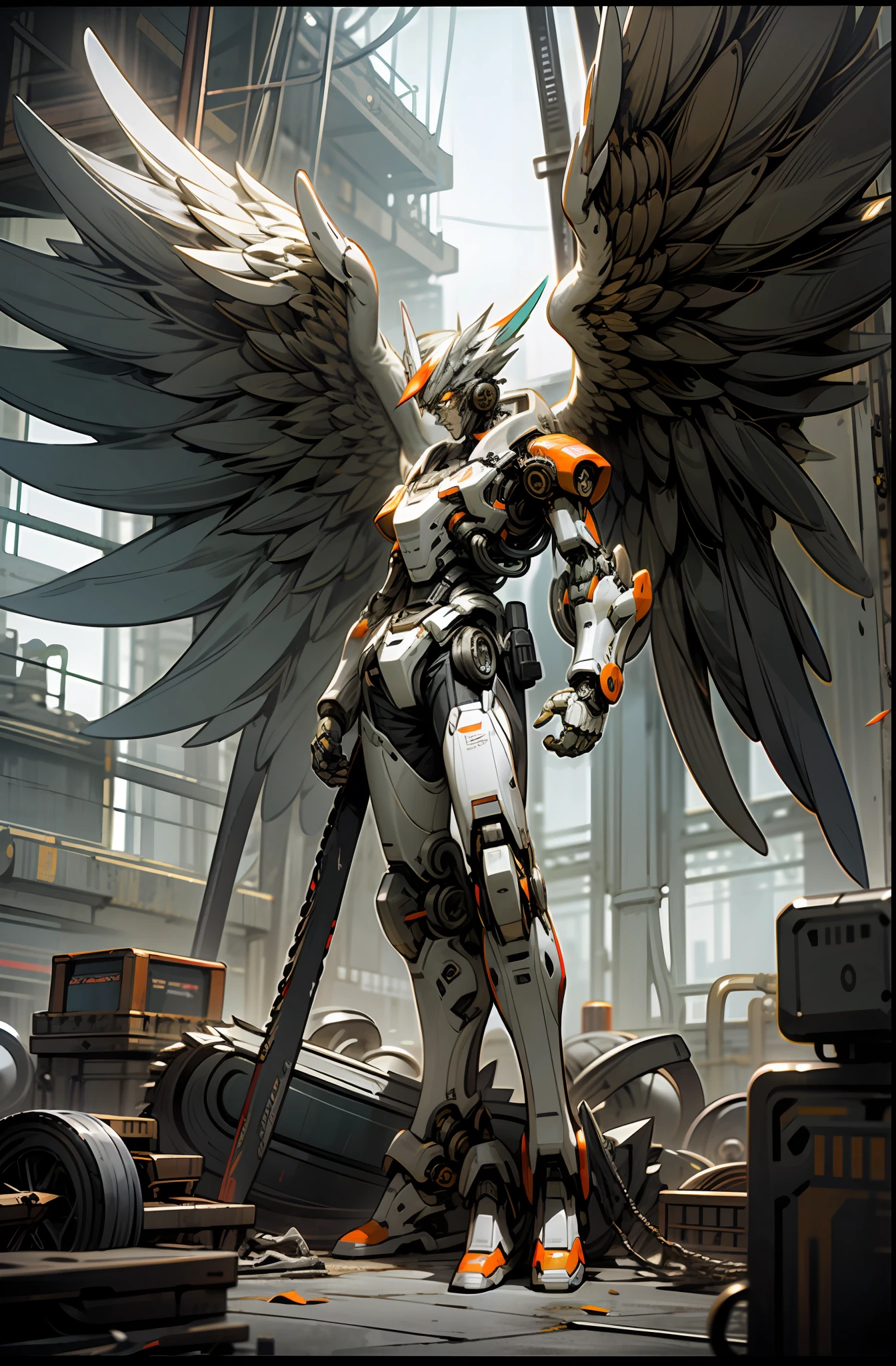 Dark_Fantasy,Cyberpunk,(chain saw,chain saw man,Orange:1.1),1man,Mechanical marvel,Robotic presence,Cybernetic guardian, Rusty, corroded, broken, excavator, pneumatic tubes, tyres, Transformers, fullbody, 8K cinematic, global Illumination, full scene, Angelic being, mechanical Angel wings