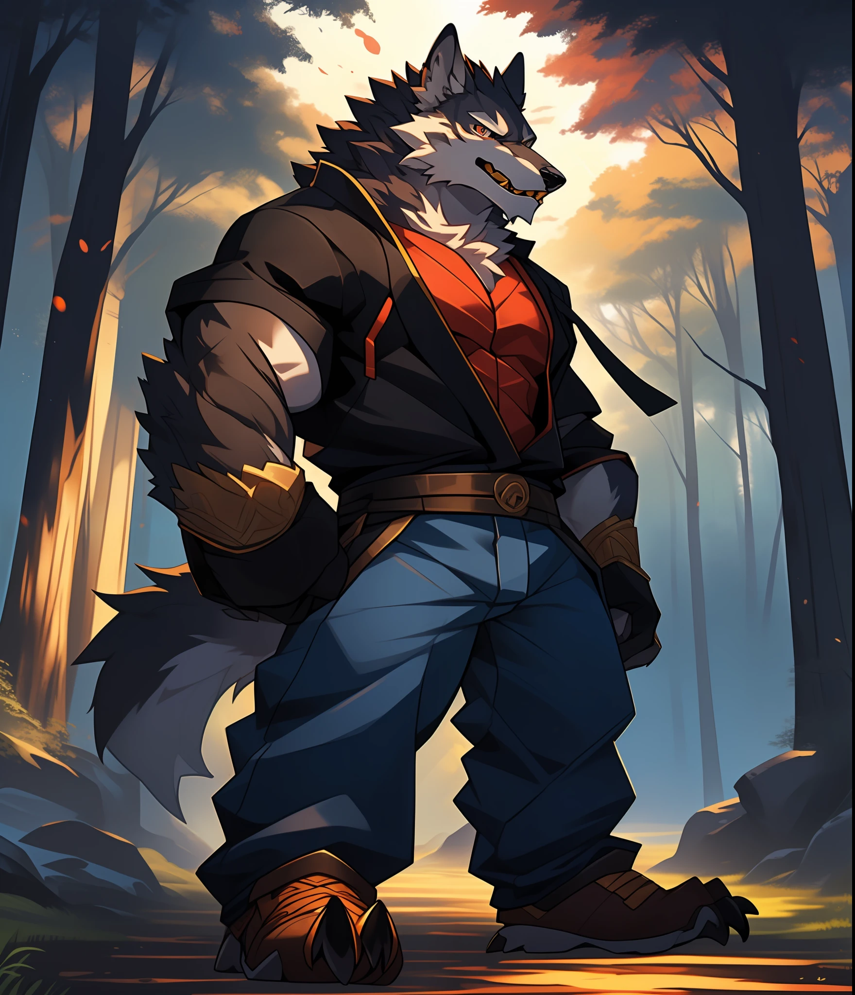 Furry muscular werewolf male wearing only pants, furry art, muscle werewolf, high resolution committee, full body committee, delicate eyes, pupil color is orange-gold, furry color black, furry anime, fluffy art council, furry fleurna, gorgeous werewolf flsona, furry, one-handed waist, furry art, expression fierce, tsundere, 1boy, a long furry wolf tail with fangs in the mouth, staring at the screen, sharp claws, two legs, standing on both feet, the human wolf, as a character in Iron Fist, Flsona art, background, forest path
