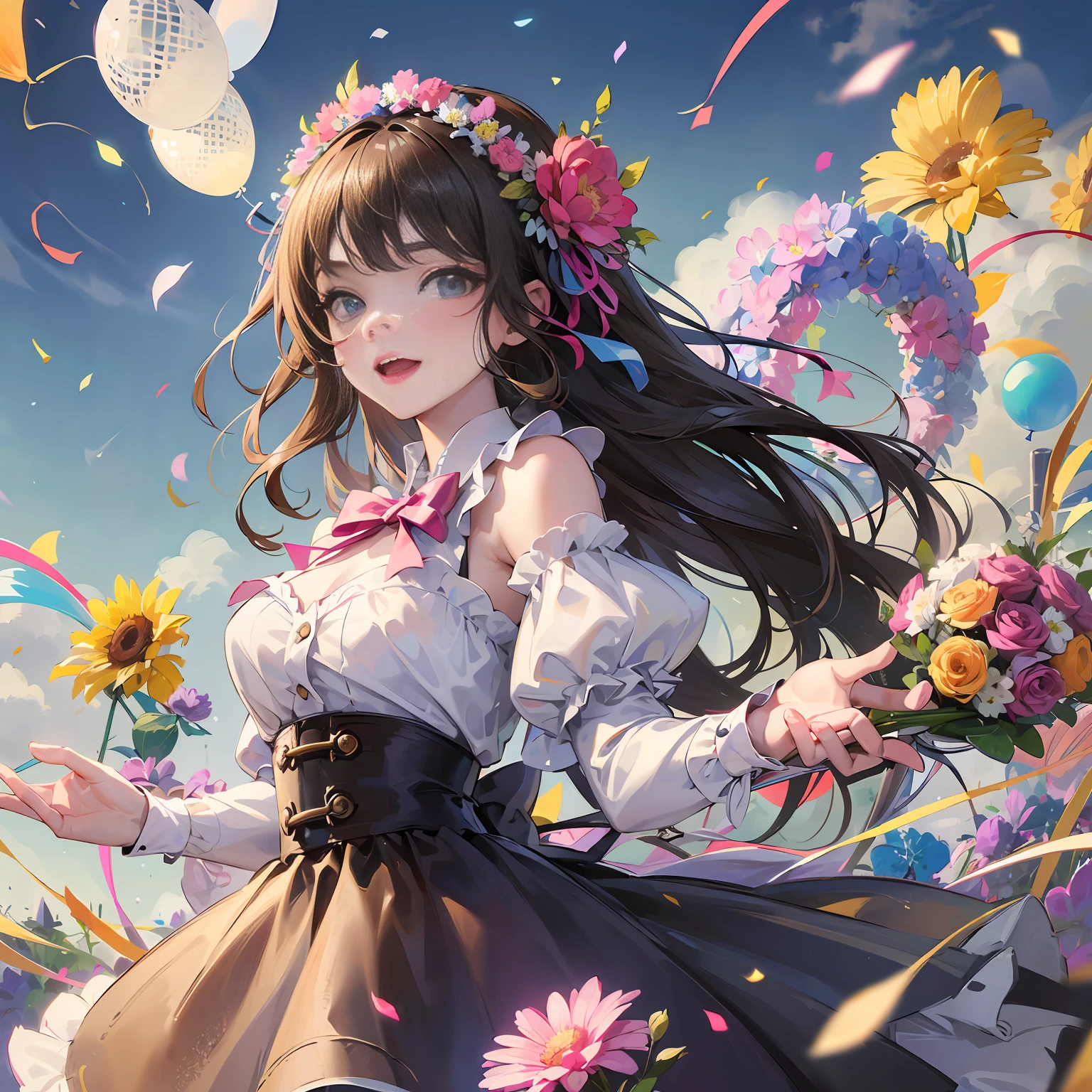 A girl holding flowers,There are colorful balloons floating in the sky,grassland,dance,Holding flowers,illustration,Color ink,Happy,glad,Perfect quality,Clear focus(Clutter - home:0.8), (master masterpiece:1.2) (realistic:1.2) (bokeh) (best best quality) (Detailed skin:1.3) (Intricate details) (8K) (Detail eyes) (Sharp focus),(happy) --auto