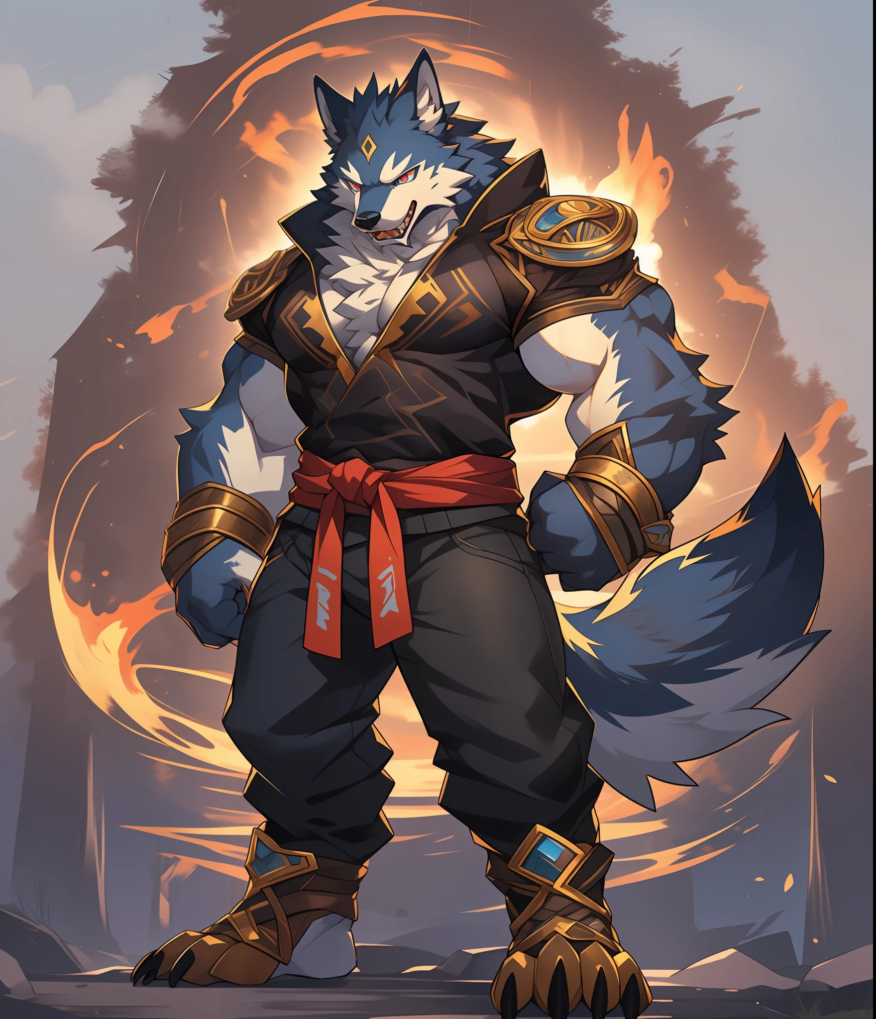 Furry muscular werewolf male wearing only pants, furry art, muscle werewolf, high resolution committee, full body committee, delicate eyes, pupil color is orange-gold, furry color black, furry anime, fluffy art council, furry fleurna, gorgeous werewolf flsona, furry, one-handed waist, furry art, expression fierce, tsundere, 1boy, a long furry wolf tail with fangs in the mouth, staring at the screen, sharp claws, two legs, standing on both feet, the human wolf, as a character in Iron Fist, Flsona art, background, forest path