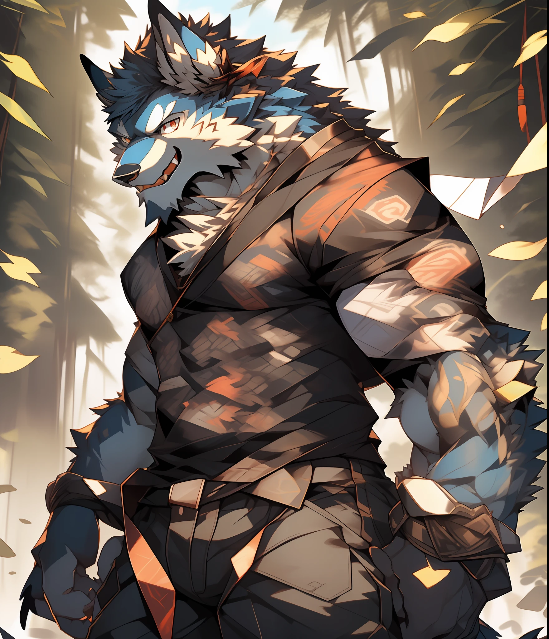 Furry muscular werewolf male wearing only pants, furry art, muscle werewolf, high resolution committee, full body committee, delicate eyes, pupil color is orange-gold, furry color black, furry anime, fluffy art council, furry fleurna, gorgeous werewolf flsona, furry, one-handed waist, furry art, expression fierce, tsundere, 1boy, a long furry wolf tail with fangs in the mouth, staring at the screen, sharp claws, two legs, standing on both feet, the human wolf, as a character in Iron Fist, Flsona art, background, forest path