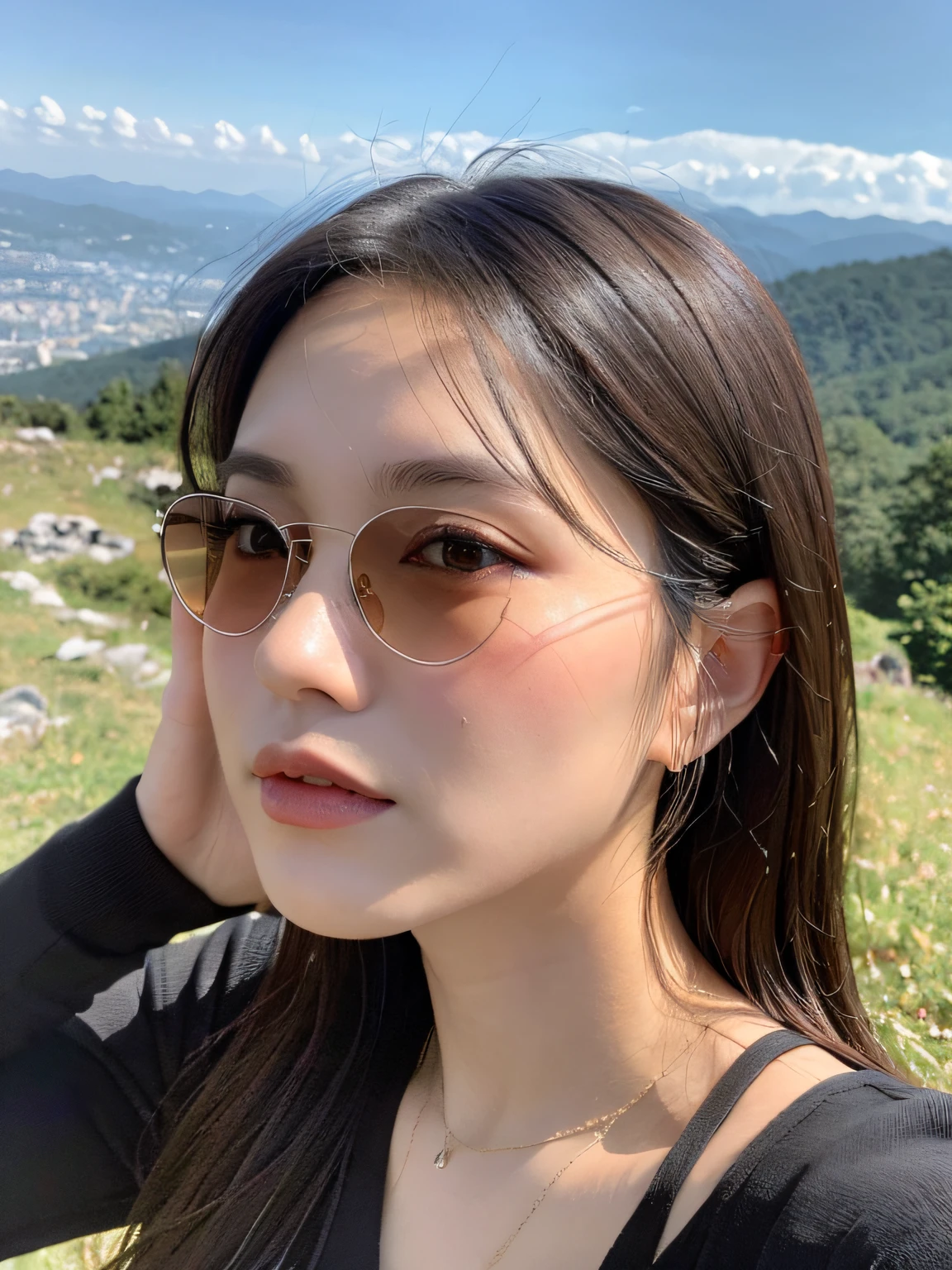 （（Best quality，8K，master masterpiece：1.3））， 1girl， full bodies， Slim face， Beautiful woman， （Short dark brown hair）， Long top， Super detailed face， Detailed eyes， Back，Hands raised above your head，Walking on the side of the mountain with sunglasses and looking at the mountains in the distance， Blur the background， Slim face， Yamakawa，sunrise，