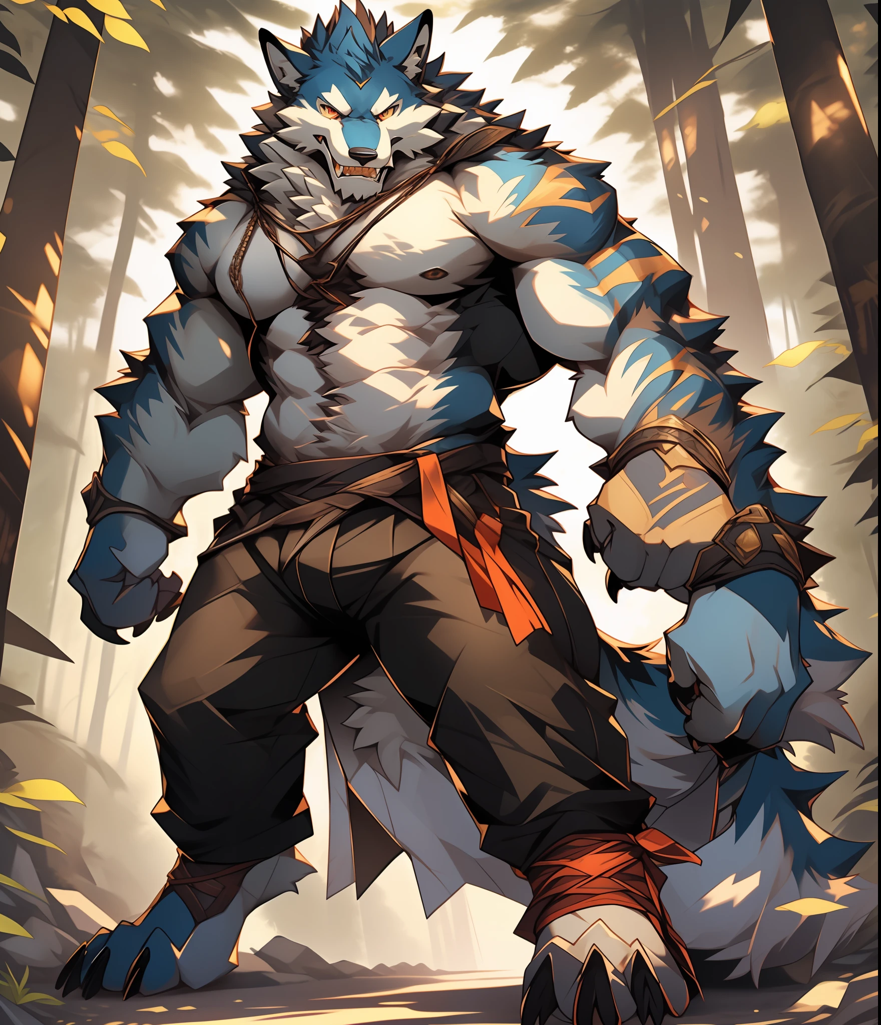 Furry muscular werewolf male wearing only pants, furry art, muscle werewolf, high resolution committee, full body committee, delicate eyes, pupil color is orange-gold, furry color black, furry anime, fluffy art council, furry fleurna, gorgeous werewolf flsona, furry, one-handed waist, furry art, expression fierce, tsundere, 1boy, a long furry wolf tail with fangs in the mouth, staring at the screen, sharp claws, two legs, standing on both feet, the human wolf, as a character in Iron Fist, Flsona art, background, forest path