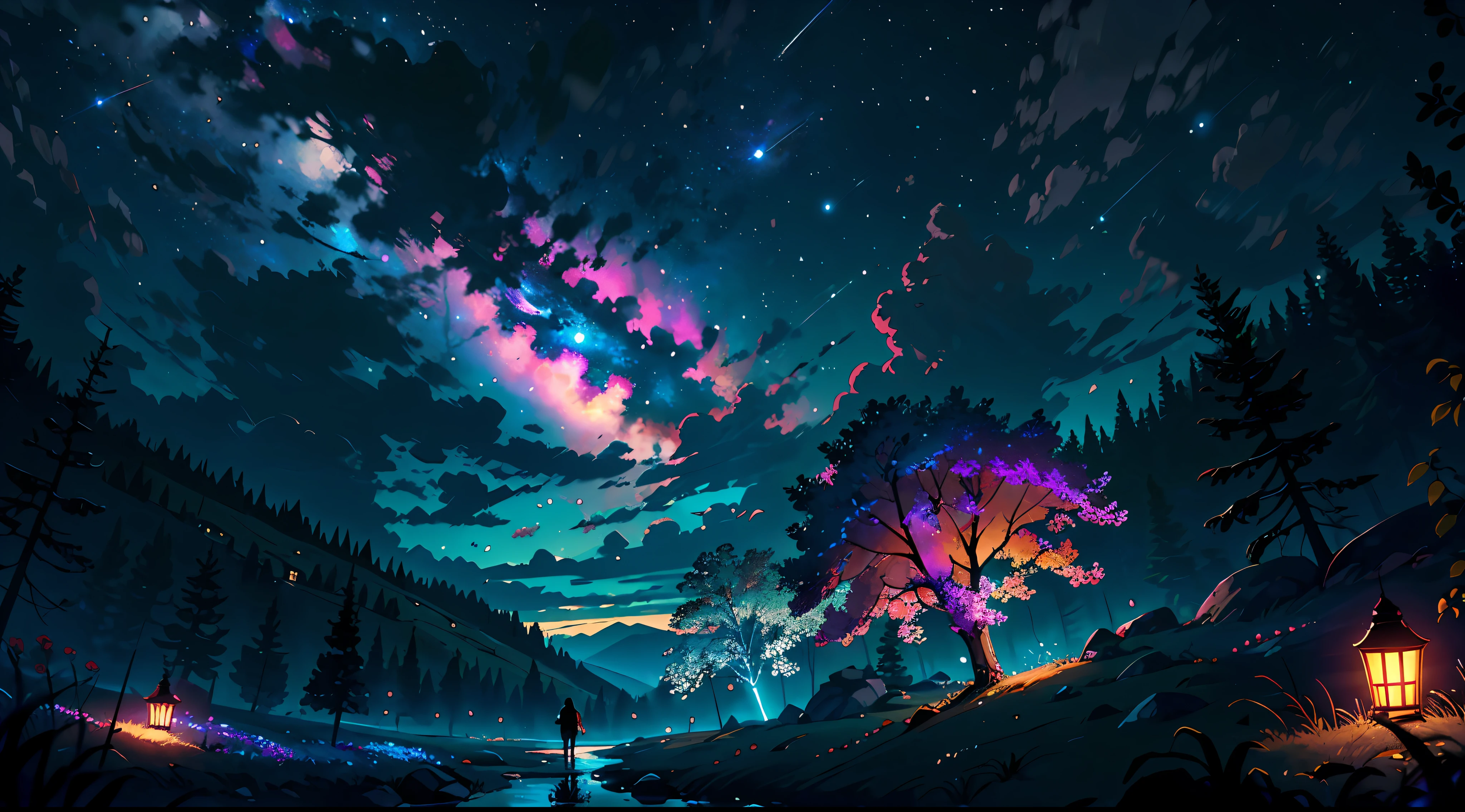 Expansive landscape photograph, (view from below with a view of the sky and the wilderness below), girl standing in a flower field looking up, (full moon: 1.2), (shooting star: 0.9), (nebula: 1.3), distant mountain, tree break production art, (warm light source: 1.2), (firefly: 1.2), lamp, purple and orange, intricate detail, volume lighting BREAK (masterpiece: 1.2), (highest quality ), 4k, ultra-detailed, (dynamic configuration: 1.4), highly detailed and colorful details (iridescent: 1.2), (sparkling lighting, atmospheric lighting), dreamy, magical, (solo: 1.2)