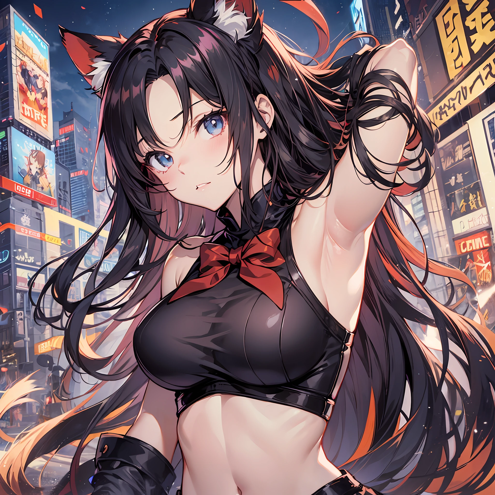 Best quality, 8K)) One woman anime girl with black long hair and cat ears, Rin Tohsaka, anime moe art style, anime style like Fate/stay night, anime girl with long hair, very cute anime girl face, night core, from the front line of girls, cute anime girl portrait, anime girl with cat ears, High Quality Anime Art Style, Beautiful Anime Women Sexy Beauty Underarm Beautiful Abs