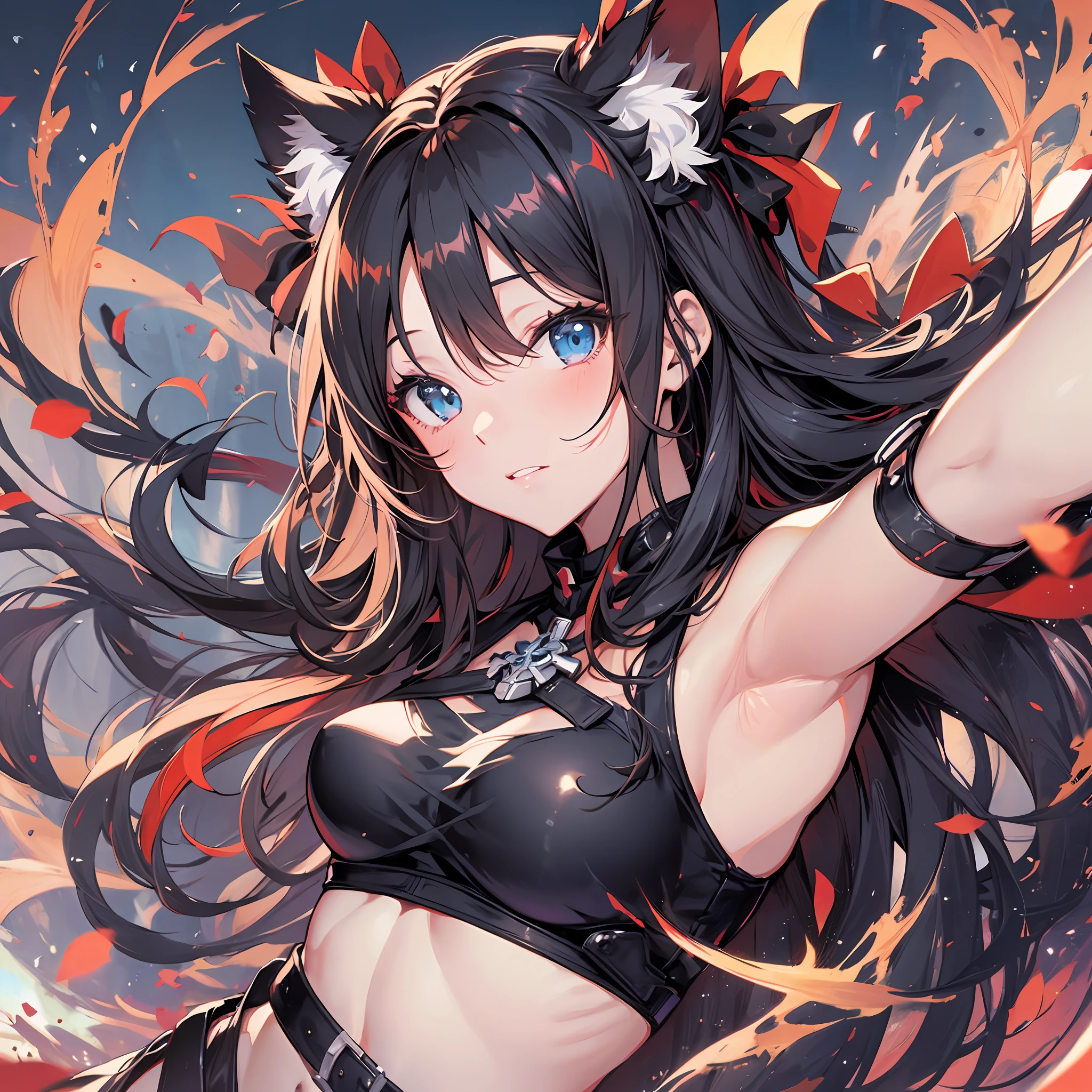 Best quality, 8K)) One woman anime girl with black long hair and cat ears, Rin Tohsaka, anime moe art style, anime style like Fate/stay night, anime girl with long hair, very cute anime girl face, night core, from the front line of girls, cute anime girl portrait, anime girl with cat ears, High Quality Anime Art Style, Beautiful Anime Women Sexy Beauty Underarm Beautiful Abs