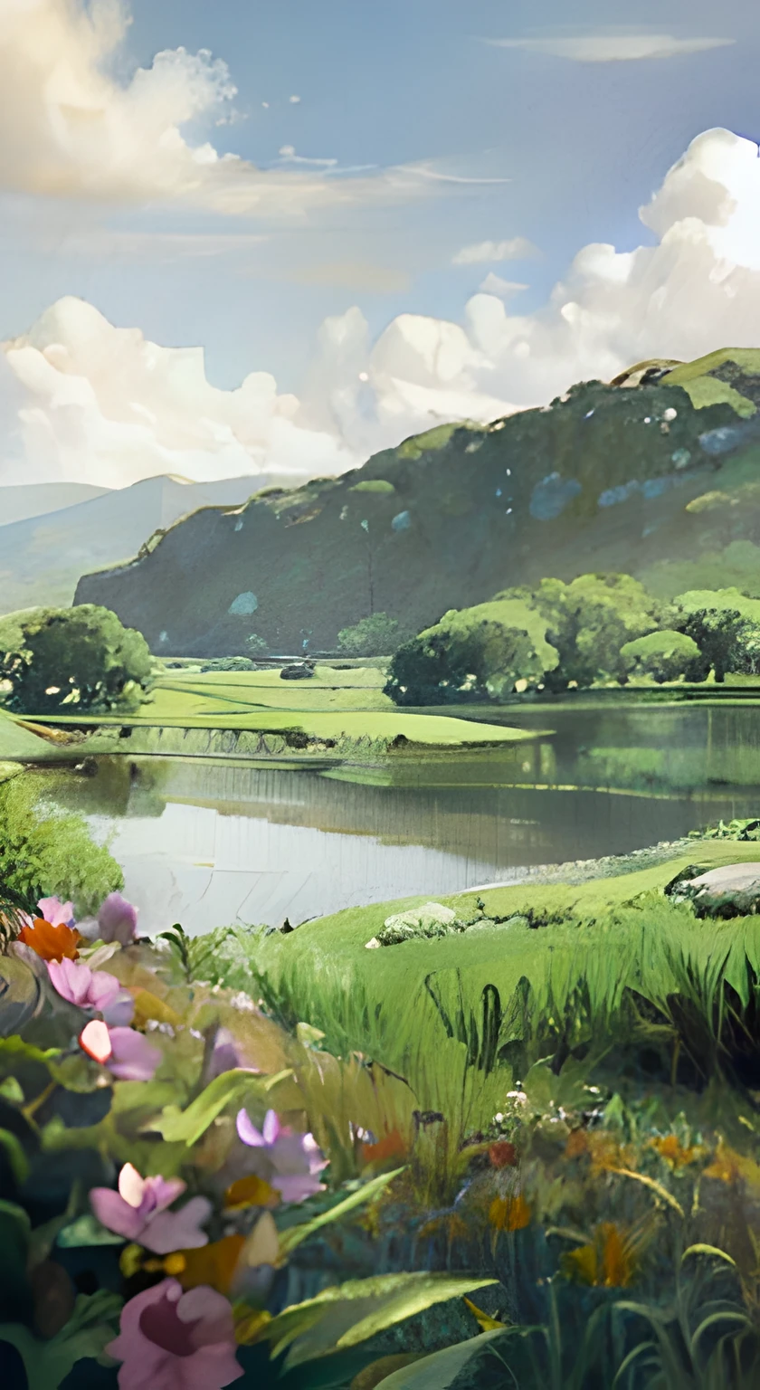 Painting of green valley with river and mountains background, background artwork, landscape artwork, landscape illustration, landscape art detailed, lush valley, lush landscape, digital landscape art, landscape art, landscape painting, lush countryside, detailed digital painting, green meadow, anime village landscape, landscape painting, detailed landscape – width 672, lush landscape, tranquil landscape