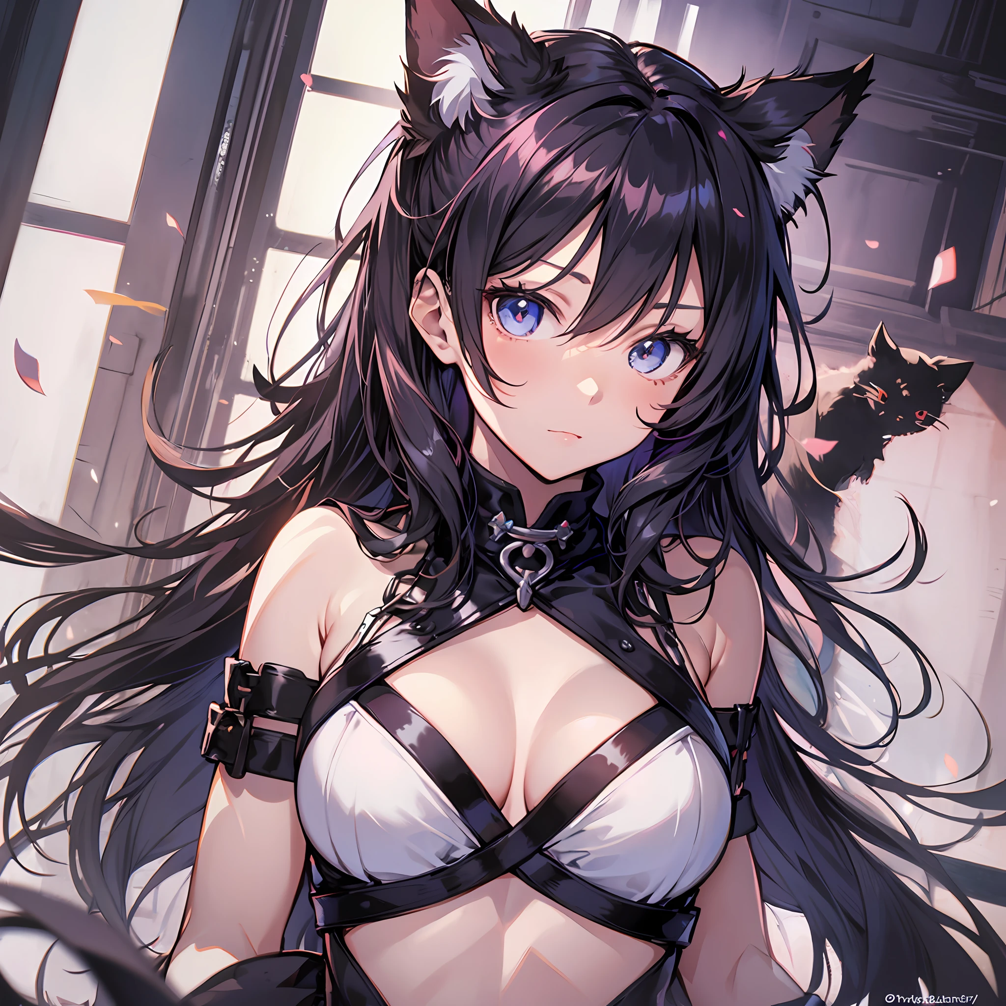 Best quality, 8K)) One woman anime girl with black long hair and cat ears, Rin Tohsaka, anime moe art style, anime style like Fate/stay night, anime girl with long hair, very cute anime girl face, night core, from the front line of girls, cute anime girl portrait, anime girl with cat ears, High Quality Anime Art Style, Beautiful Anime Women Sexy Beauty Underarm Beautiful Abs
