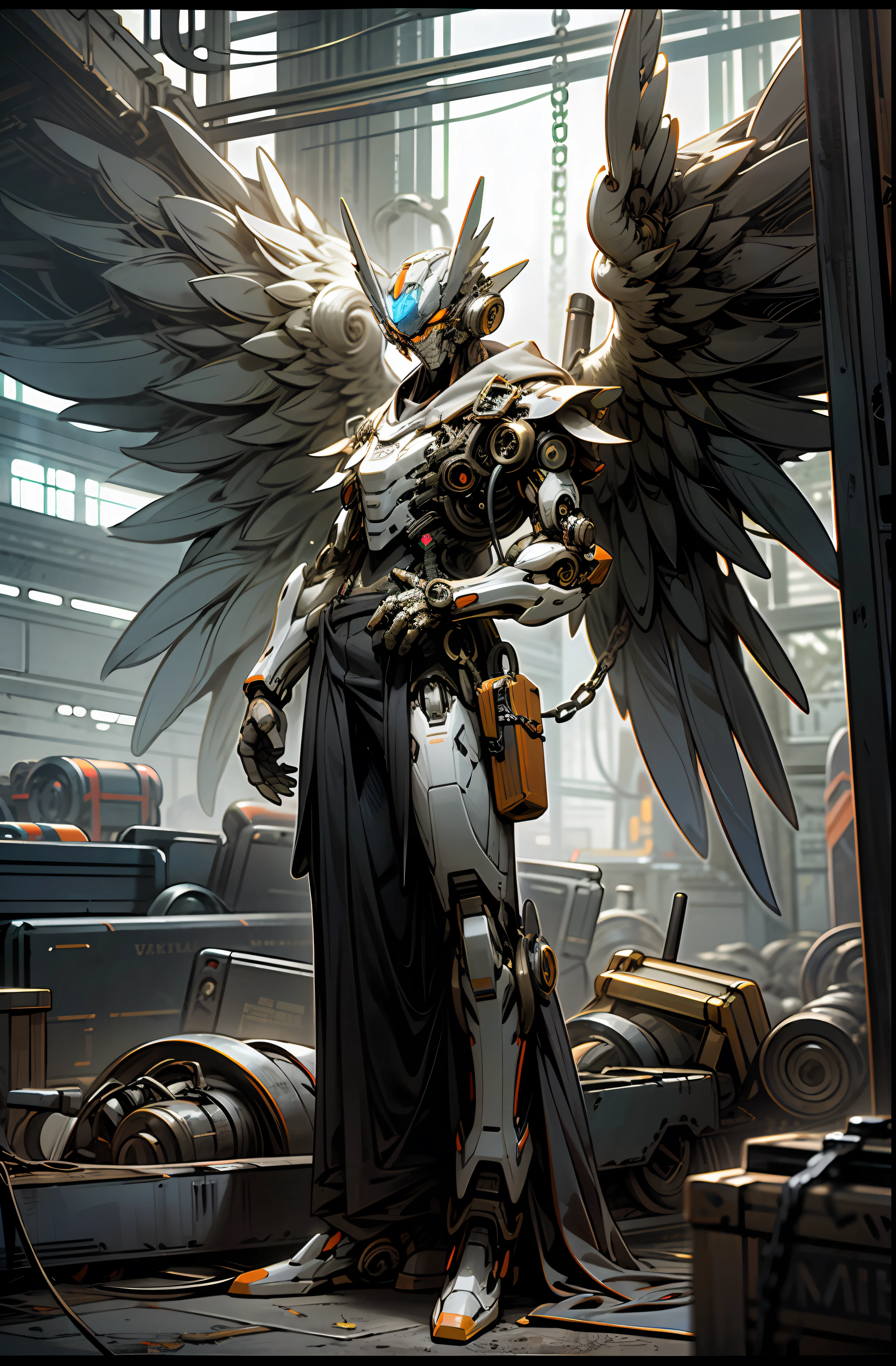 Dark_Fantasy,Cyberpunk,(chain saw,chain saw man,Orange:1.1),1man,Mechanical marvel,Robotic presence,Cybernetic guardian, Rusty, corroded, broken, excavator, pneumatic tubes, tyres, Transformers, fullbody, 8K cinematic, global Illumination, full scene, Angelic being, mechanical Angel wings