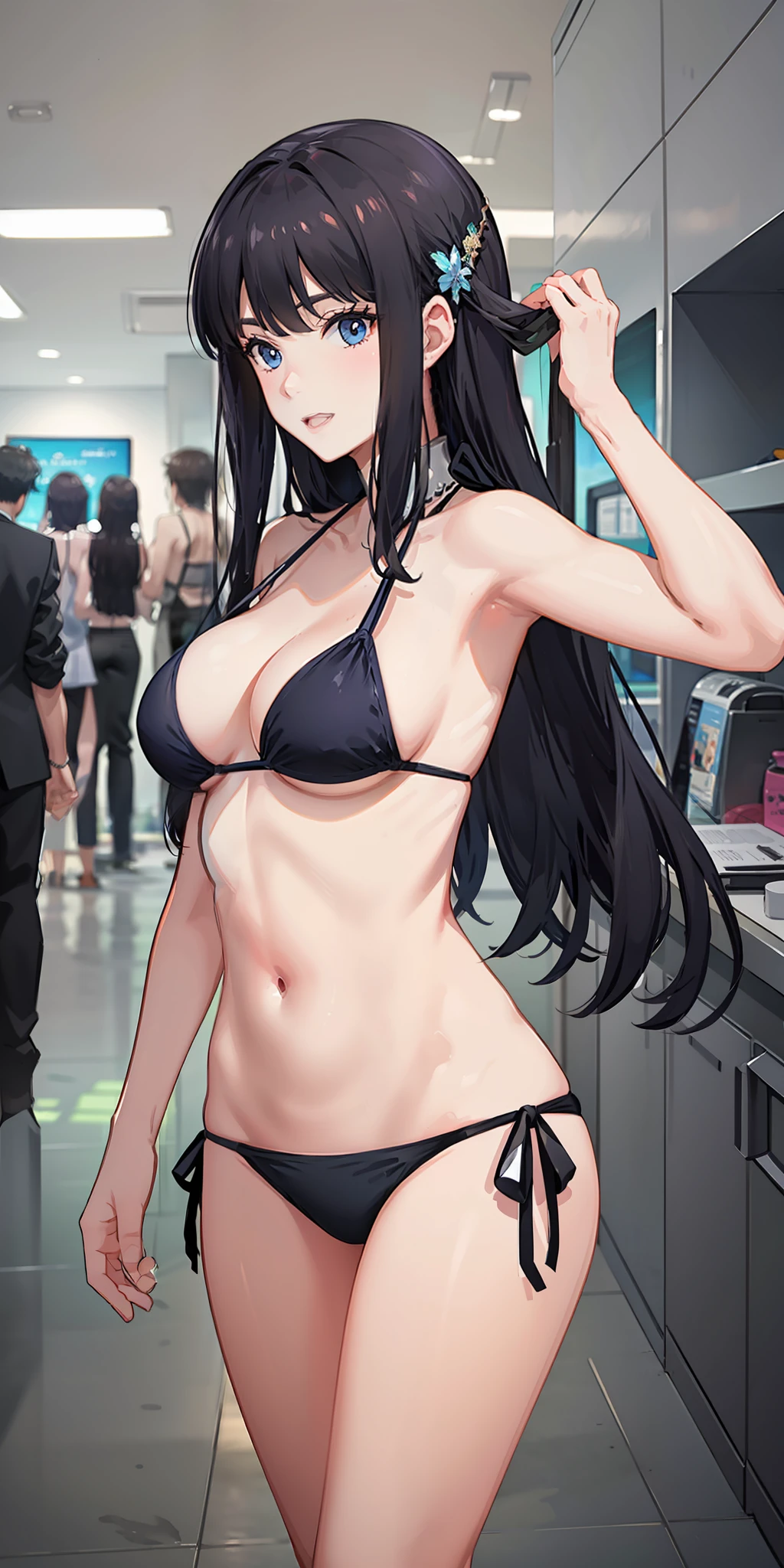 masterpiece, best quality, ultra-detailed, illustration,1girl,
long hair, dark  hair, 
medium breast,  side tie bikini, excited,